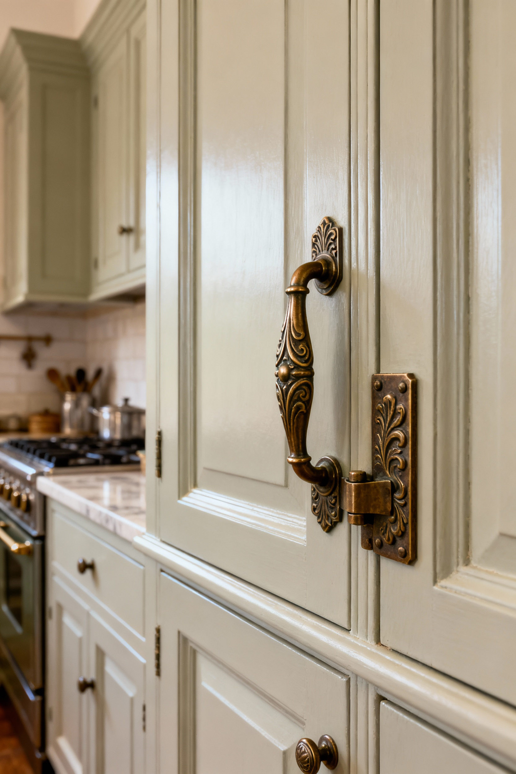 Close-up of elegant solid bronze architectural hardware, including a cabinet pull and hinge, on a traditional wooden kitchen cabinet, embodying historic design and durability.