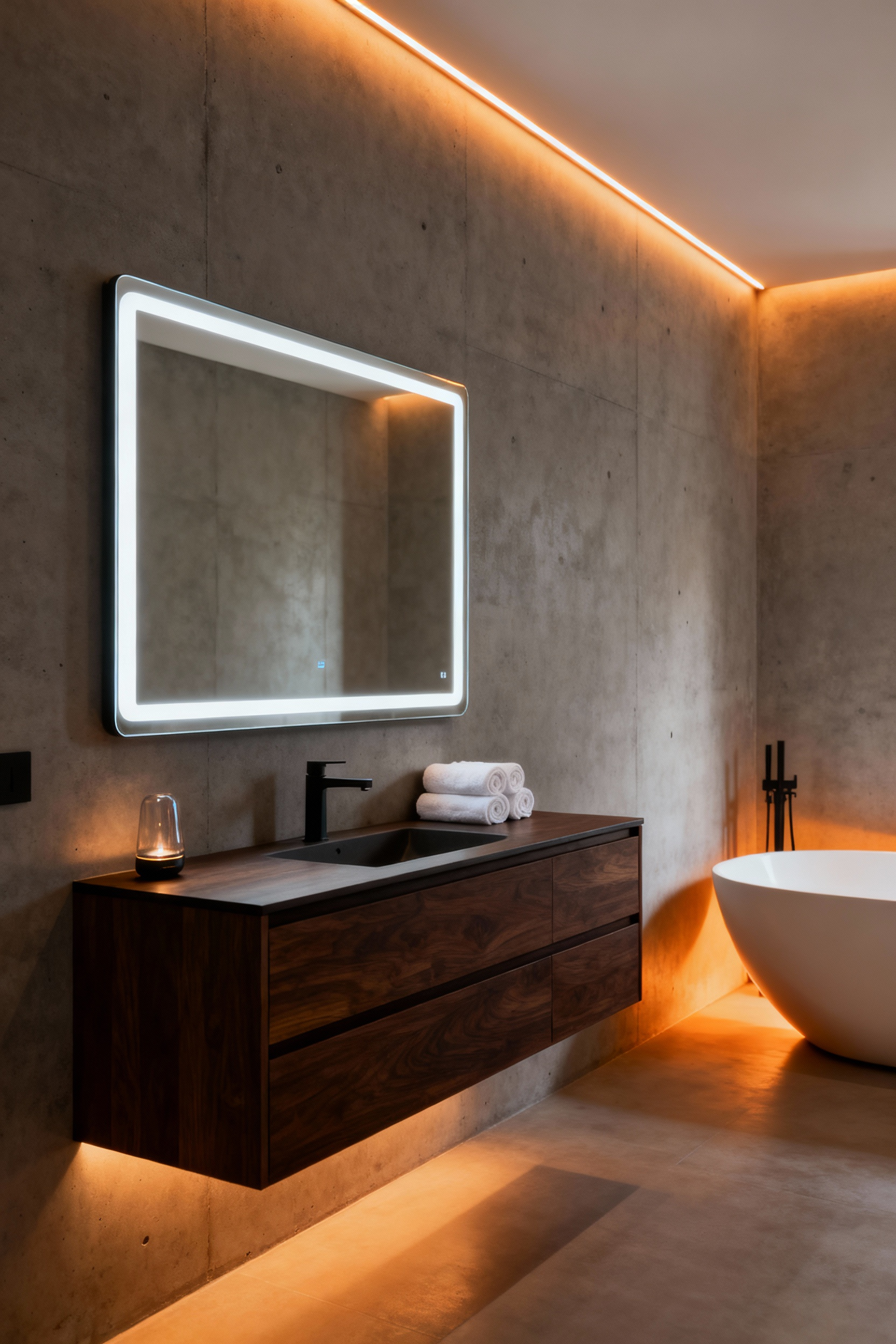 A high-tech, modern bathroom featuring integrated warm LED lighting from a smart mirror and ceiling coves, illustrating the use of light to regulate circadian rhythm and create a spa-like atmosphere.