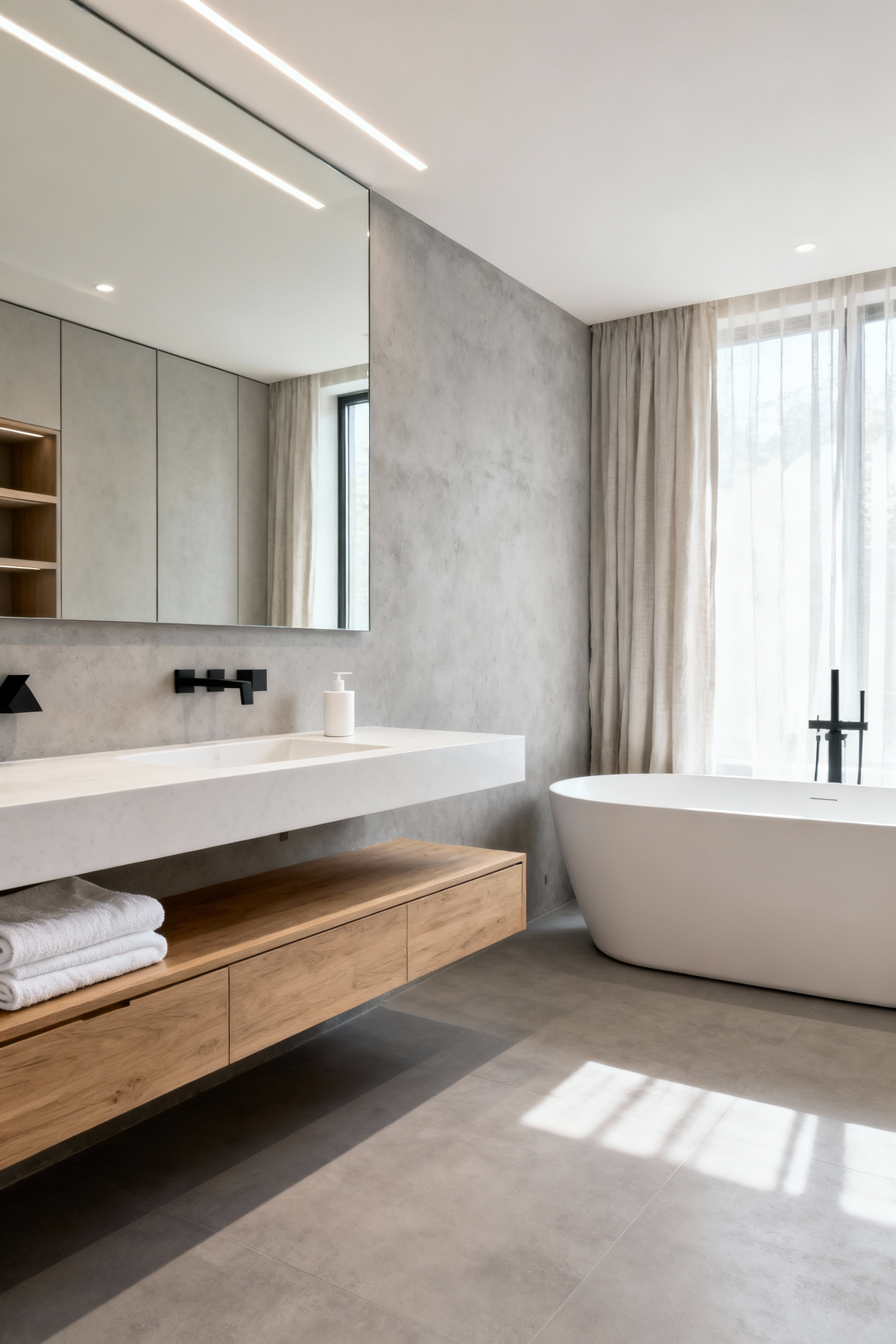 A serene, high-key minimalistic bathroom featuring light grey seamless walls, a floating oak vanity, a frameless mirror, and a standalone soaking tub, emphasizing simplicity to reduce cognitive load.