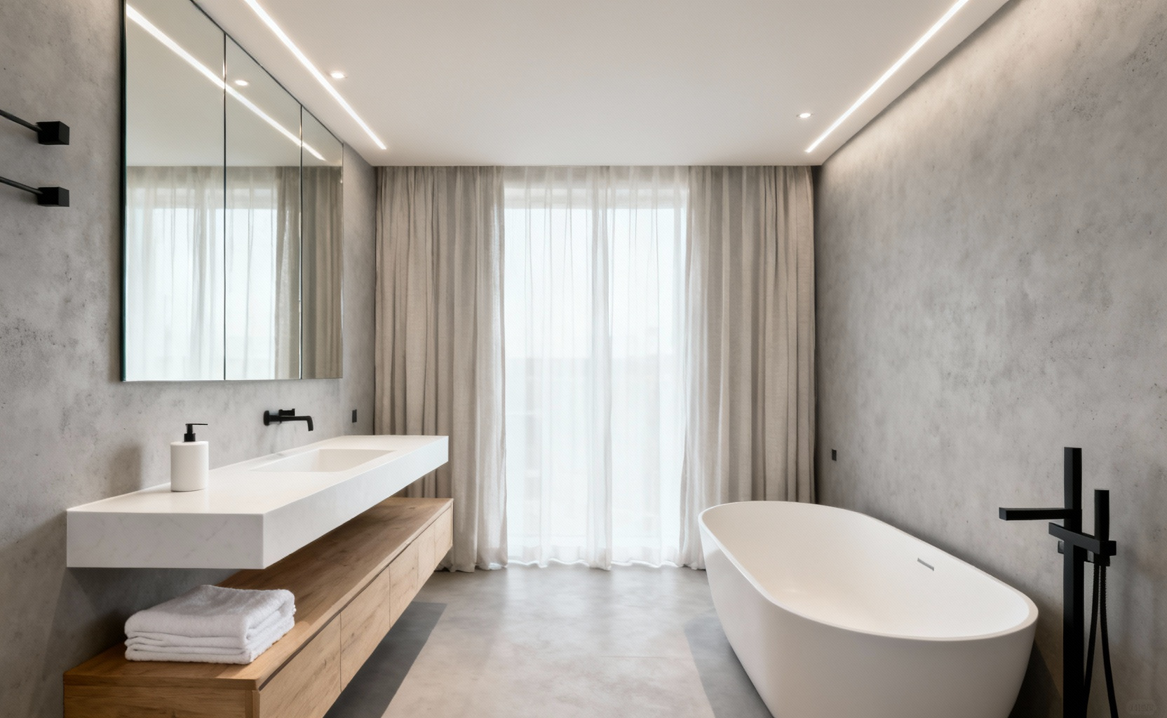 A serene, high-key minimalistic bathroom featuring light grey seamless walls, a floating oak vanity, a frameless mirror, and a standalone soaking tub, emphasizing simplicity to reduce cognitive load.