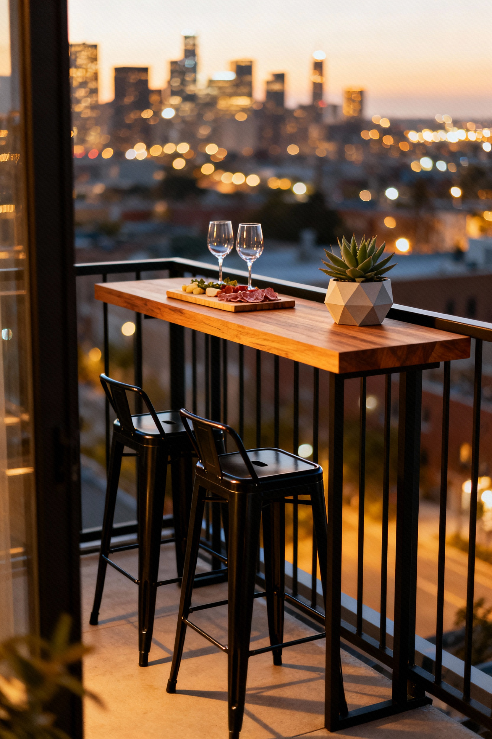 A space-saving wooden floating bar table attached securely to a balcony railing overlooking an urban cityscape during the golden hour, maximizing floor utility for dining.