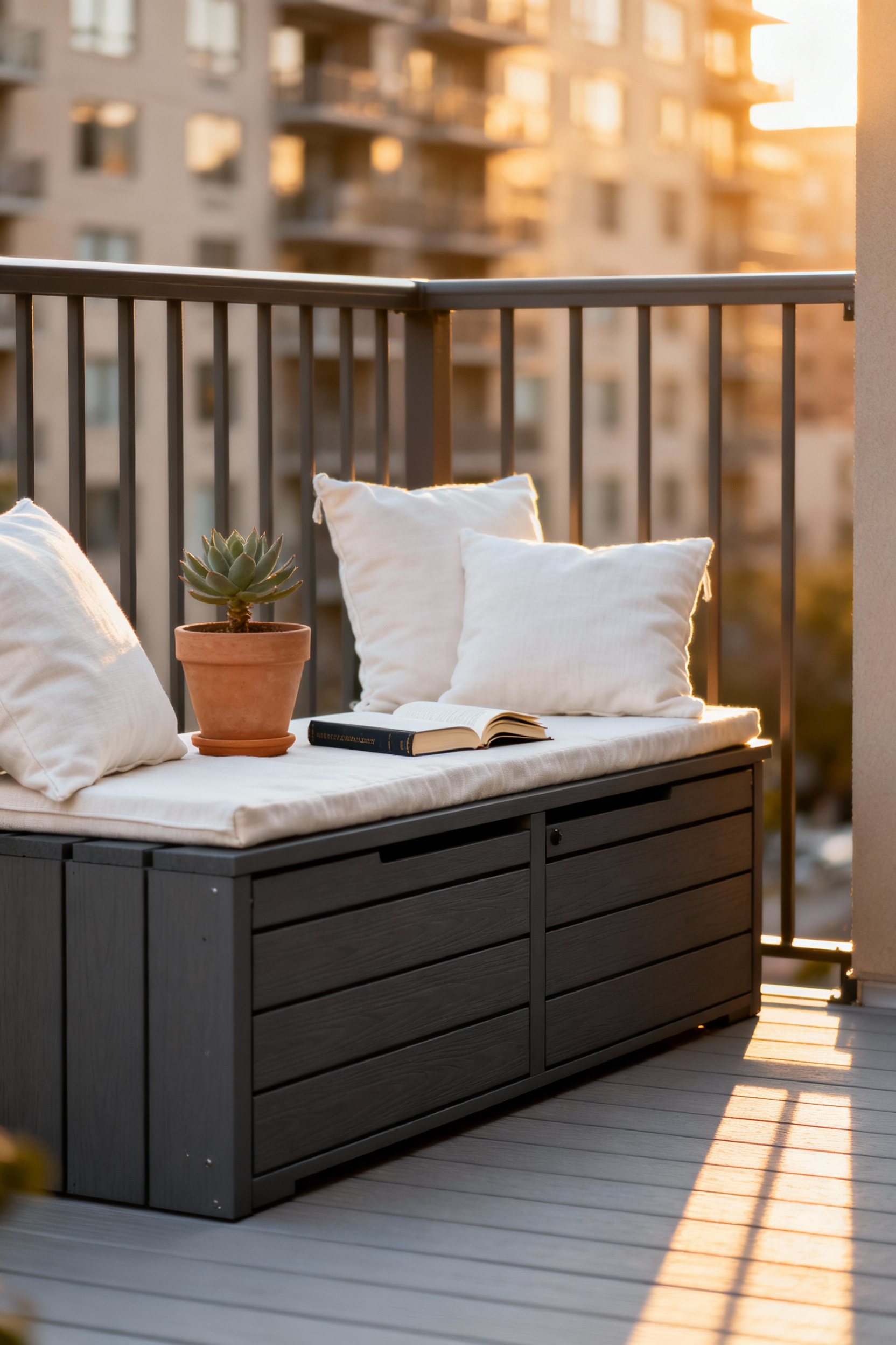 A serene urban balcony featuring a modern dark gray storage bench with ivory cushions, demonstrating a clutter-free environment achieved through multi-functional decor.