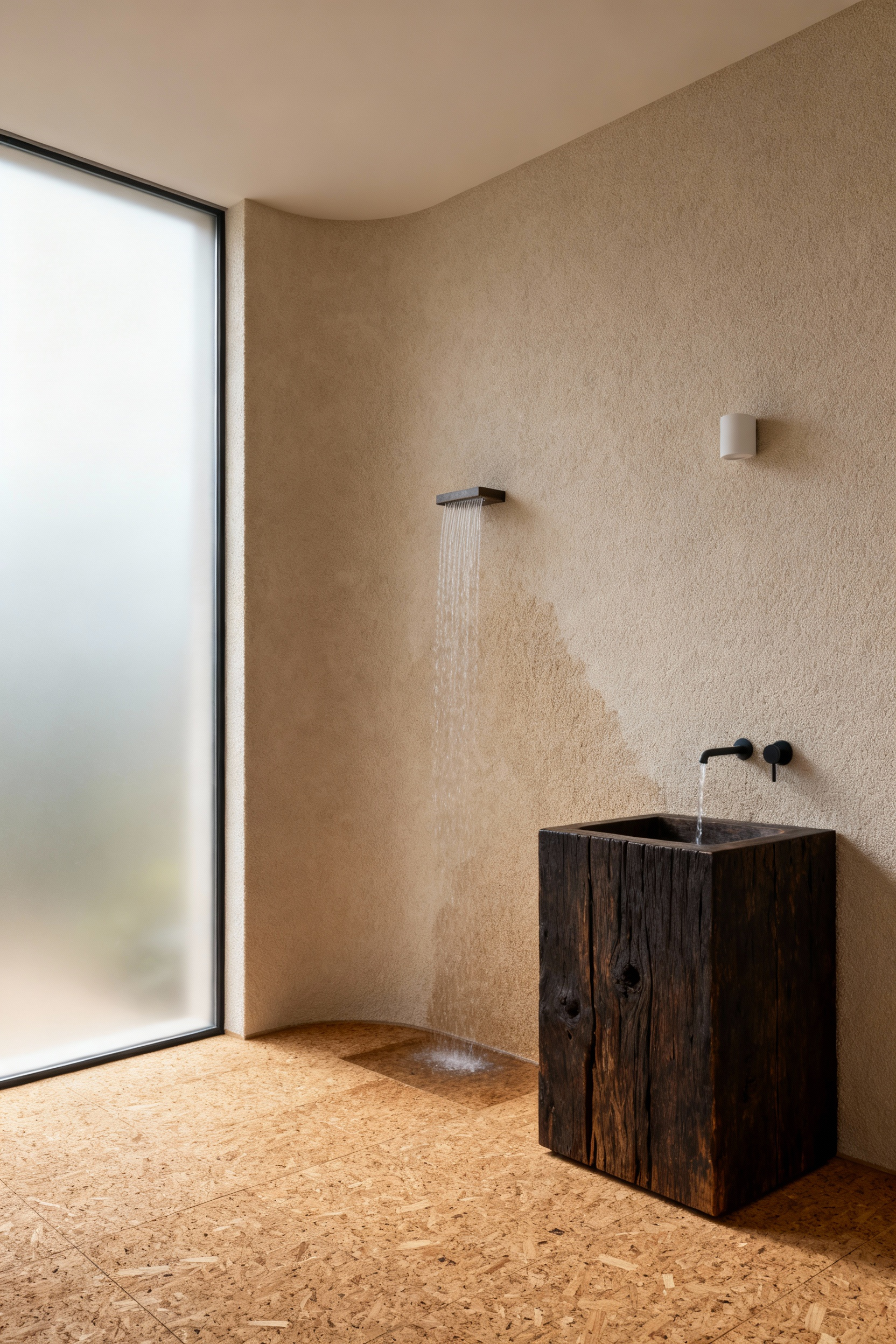 Modern bathroom with cork flooring and acoustic plaster, featuring a subtle wall-mounted water feature, designed for sound absorption and a tranquil atmosphere.