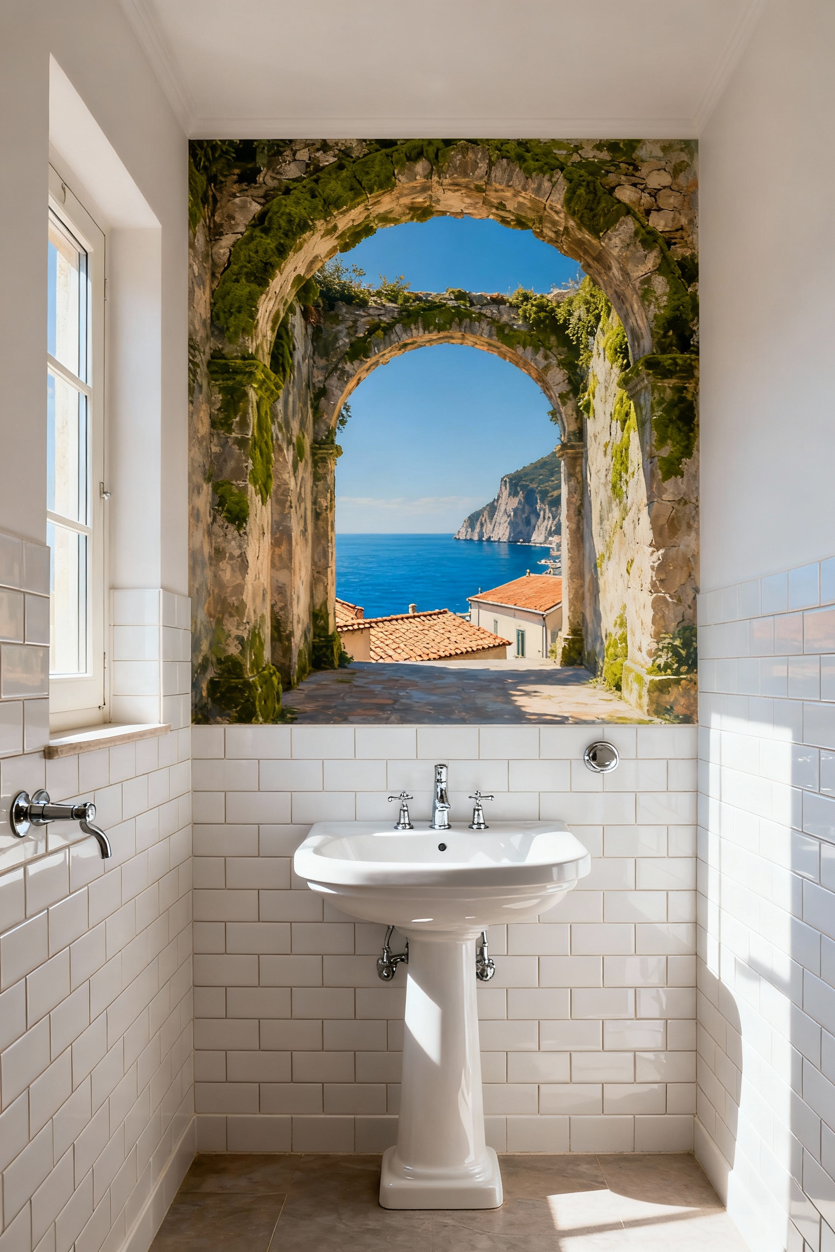 Hyperrealistic trompe-l'oeil mural of a stone archway opening onto a sunny Italian coastal vista installed on the back wall of a small, white bathroom, creating an illusion of depth.