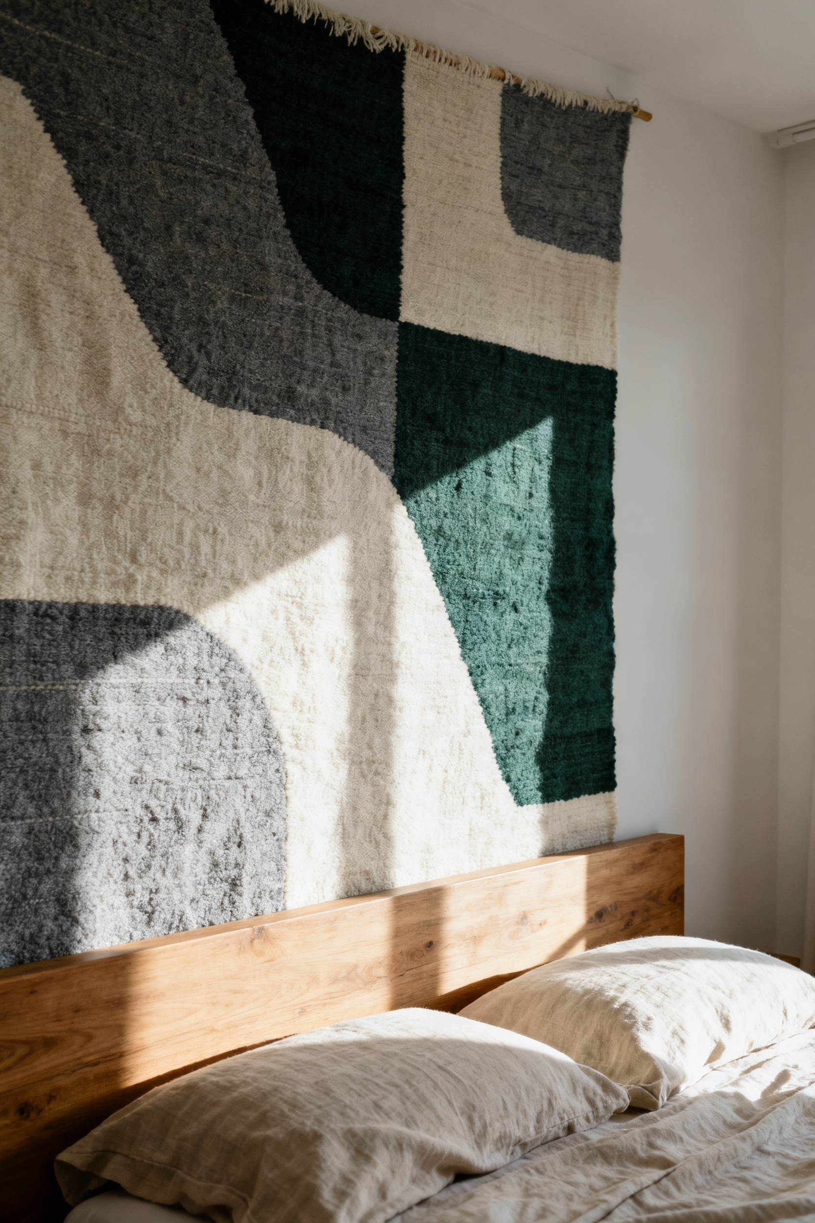 Large, dense hand-woven wool tapestry mounted on a bedroom wall above a king bed to provide acoustic dampening and decorative texture.