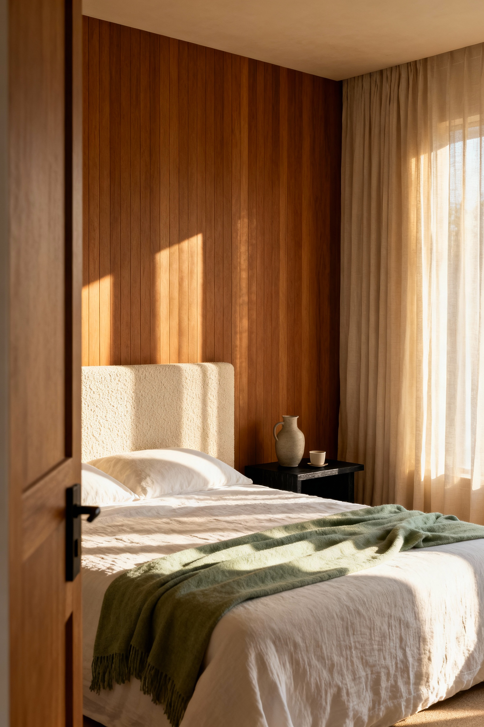 A serene, high-end bedroom interior design showing a king-sized bed placed diagonally opposite the entrance doorway, illustrating the "Commanding Position" principle for enhanced security and relaxation in spatial psychology.