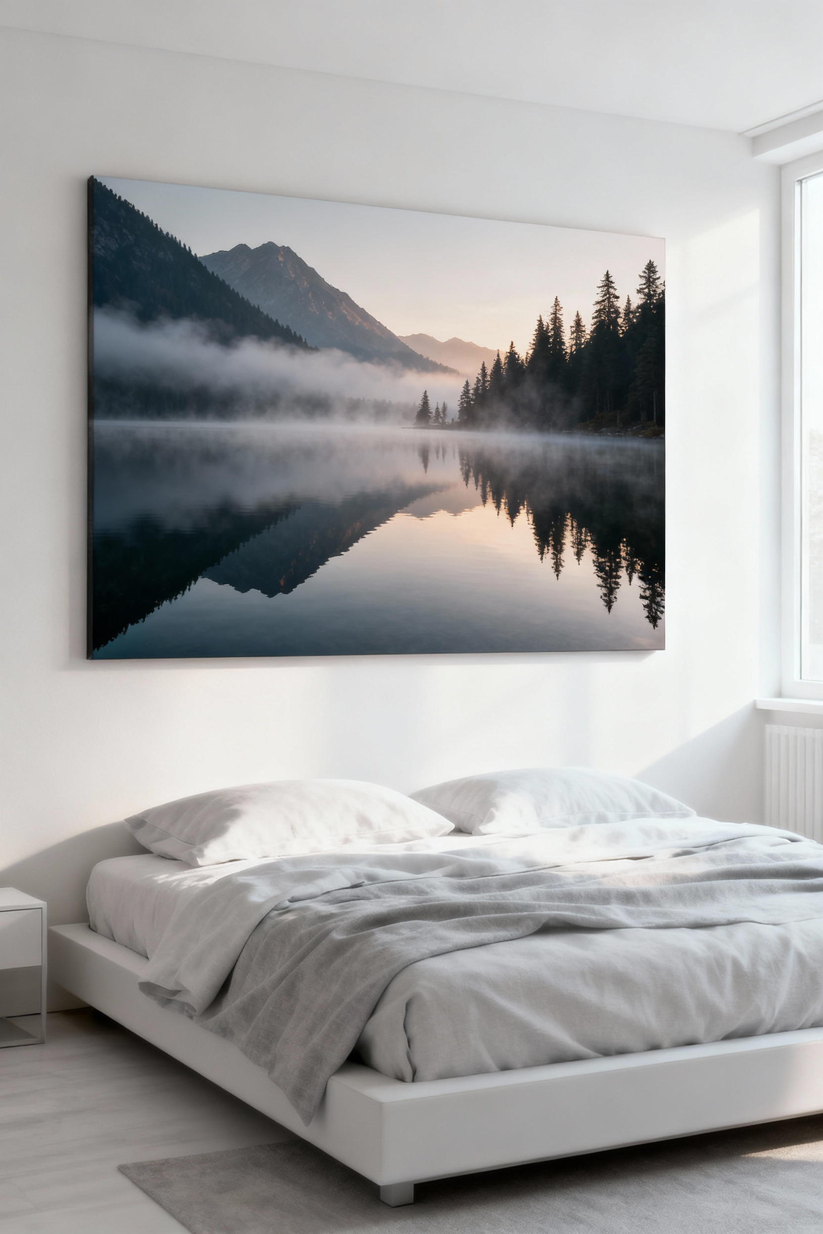 Large framed nature photograph of a misty, reflective alpine lake centered above a bed in a minimalist bedroom, designed to reduce stress and cortisol levels.