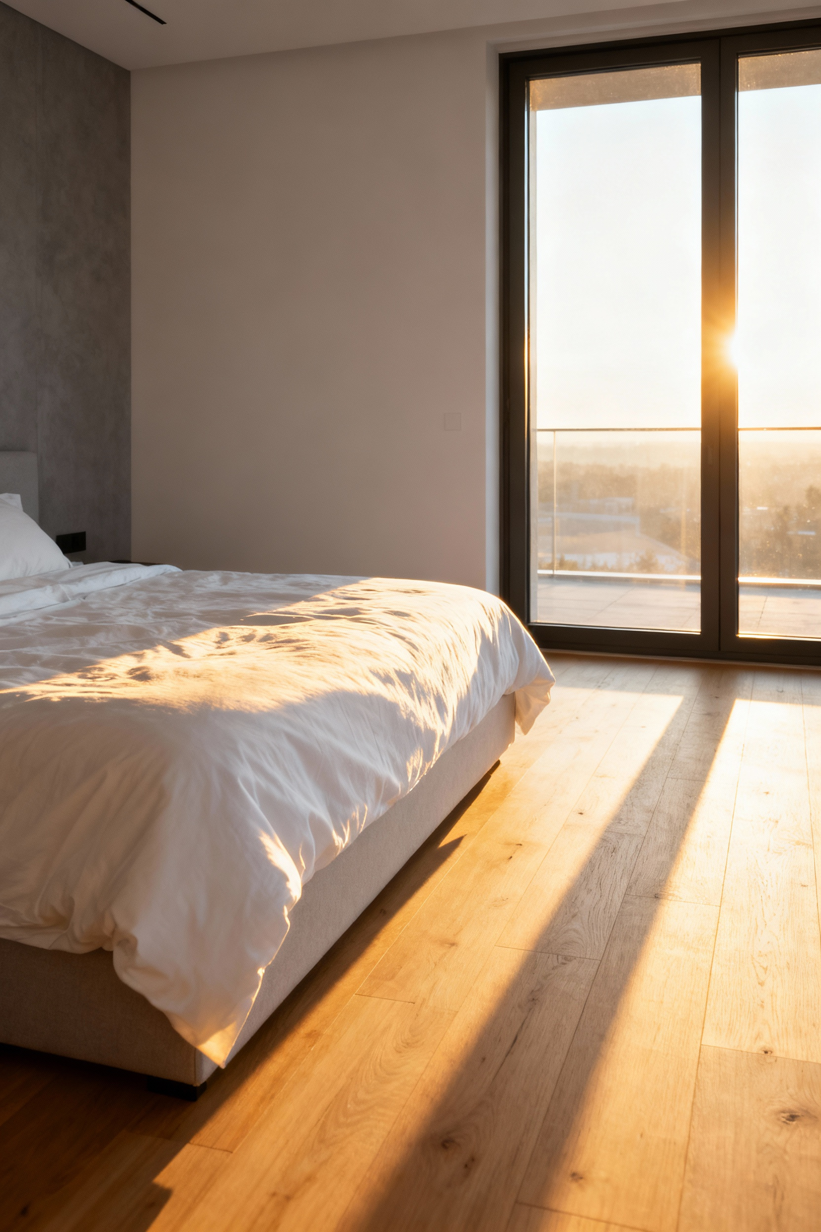 A serene, minimalist bedroom where a beautifully made bed is positioned adjacent to a large window, catching direct, warm rays of early morning sunlight to illustrate strategic furniture layout for circadian alignment.