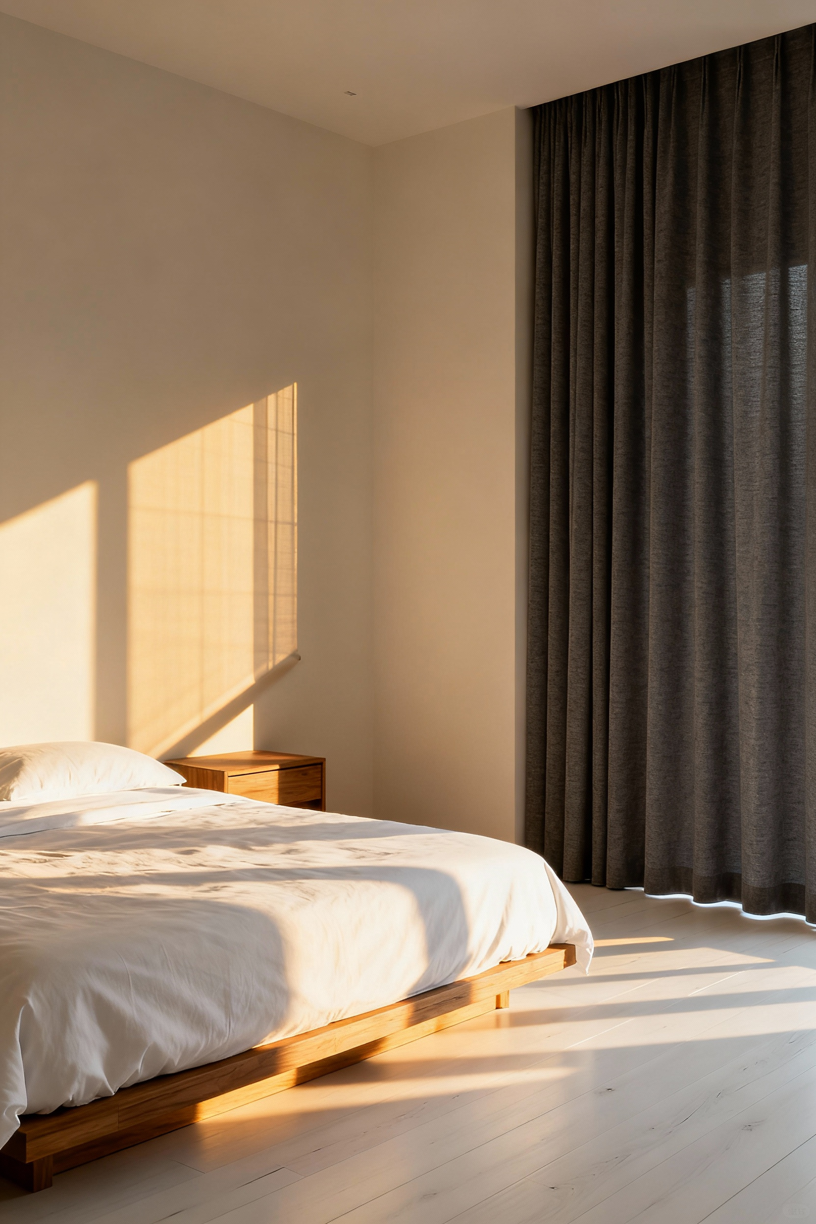 A bright, biologically optimized bedroom layout showing warm morning sunlight streaming across the bed, highlighting the importance of bed positioning near the light source and the presence of heavy blackout curtains for nighttime melatonin release.