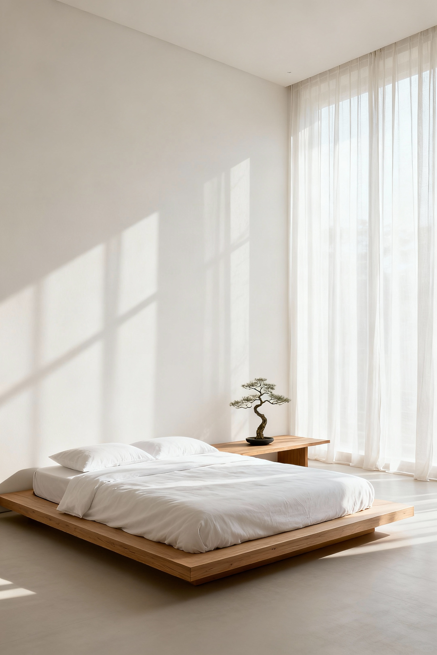 A minimalist bedroom illustrating the Japanese concept of Ma, featuring expansive bare off-white walls, a low platform bed, and natural light streaming through sheer curtains, emphasizing openness and tranquility for mental rest.