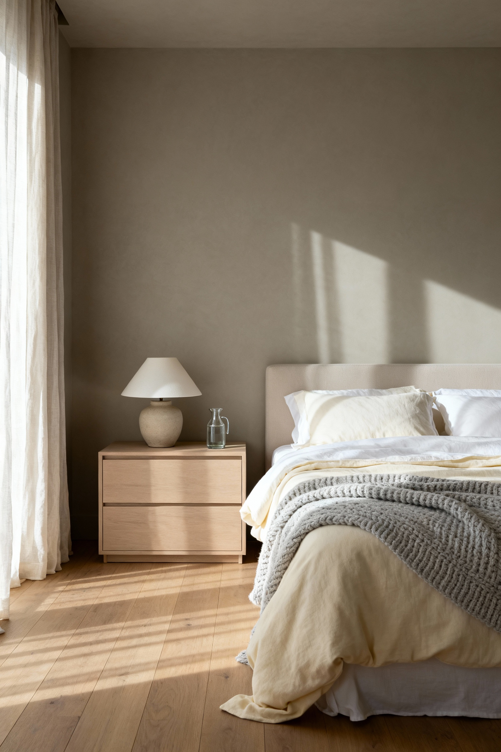 A serene, minimalist bedroom interior emphasizing health and restoration, featuring a clutter-free nightstand with closed drawers and soft, neutral linens under gentle morning light.