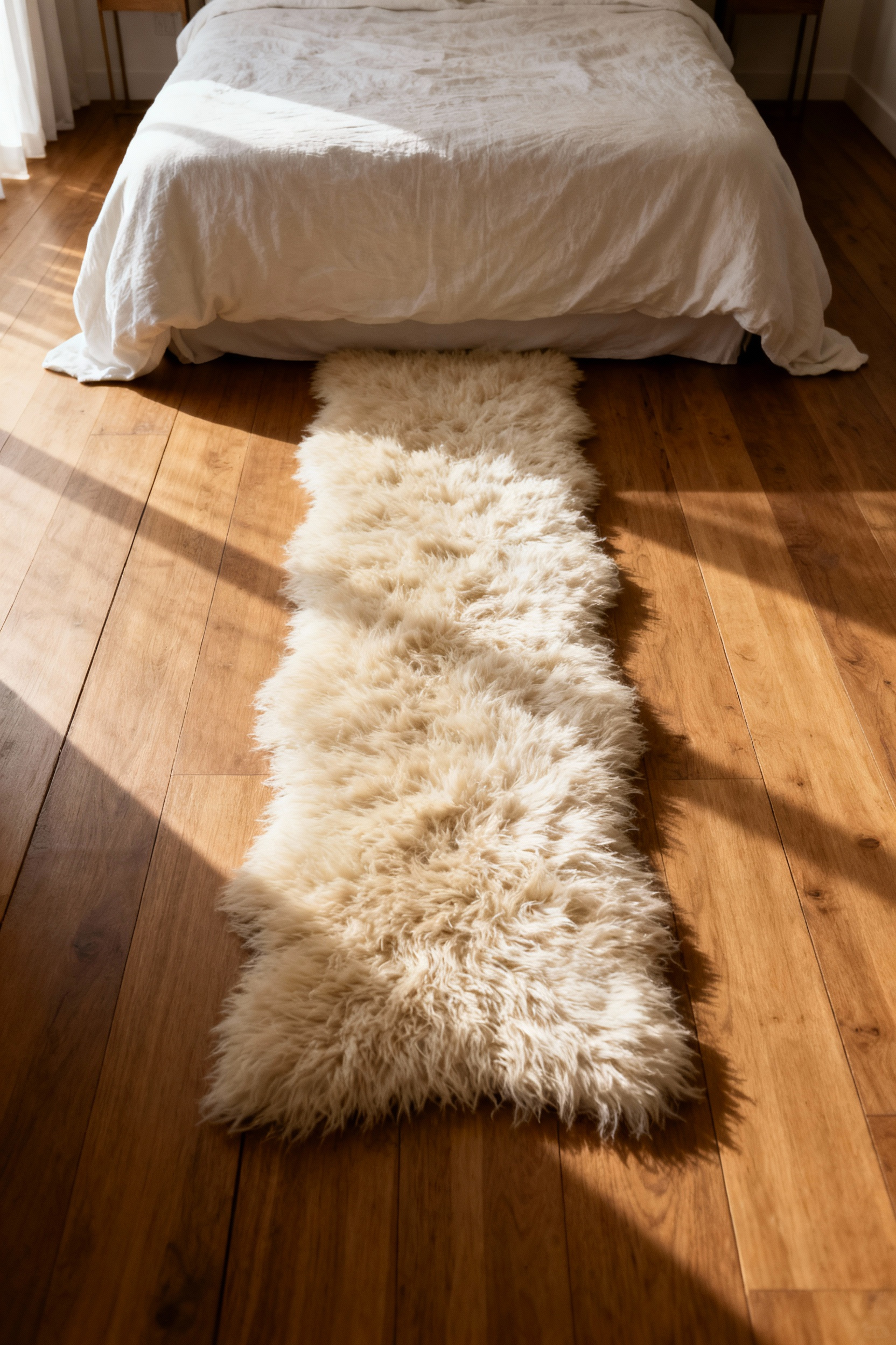 A photograph demonstrating ideal bedroom furniture layout featuring a luxurious, high-pile cream rug placed perpendicular to a king-sized bed, extending 20 inches past the mattress edges over warm oak flooring to promote sensory comfort.