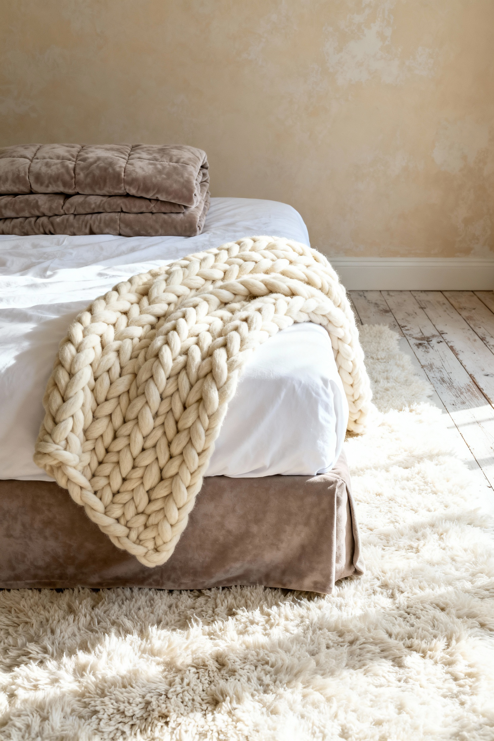 A luxury bedroom interior showing a large bed layered with contrasting textures, including smooth white sheets, a velvet quilt, and a chunky cream knit throw blanket, designed to create a soothing sensory envelope and visual depth.