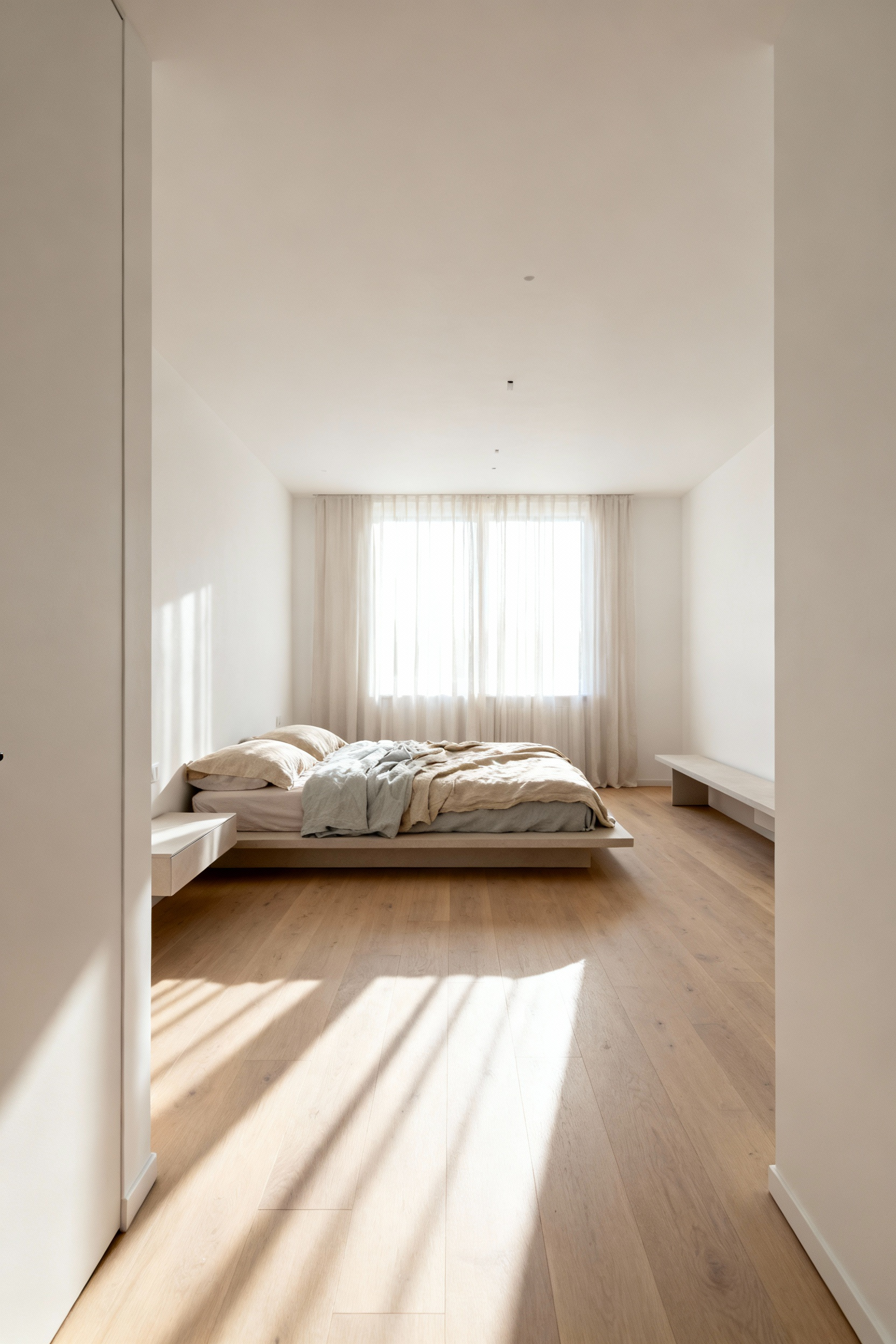 A photograph of a spacious, minimalist bedroom layout highlighting a completely clear path from the entry toward the bed, illustrating optimal traffic flow for reduced stress and anxiety.