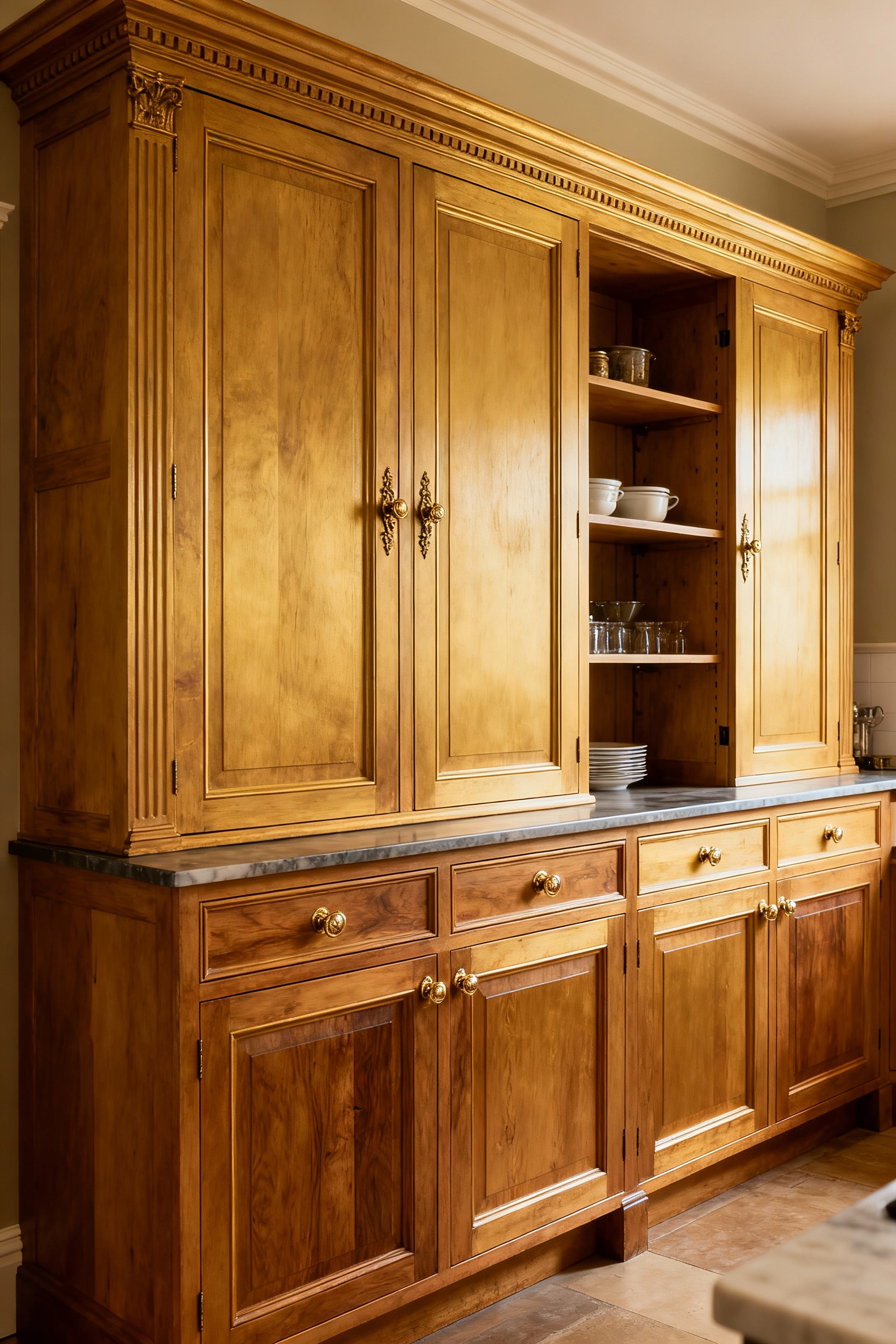 A beautifully crafted bespoke kitchen storage unit, featuring traditional inset doors and detailed millwork, seamlessly integrated into a historic kitchen design, maximizing utility while respecting architectural heritage.