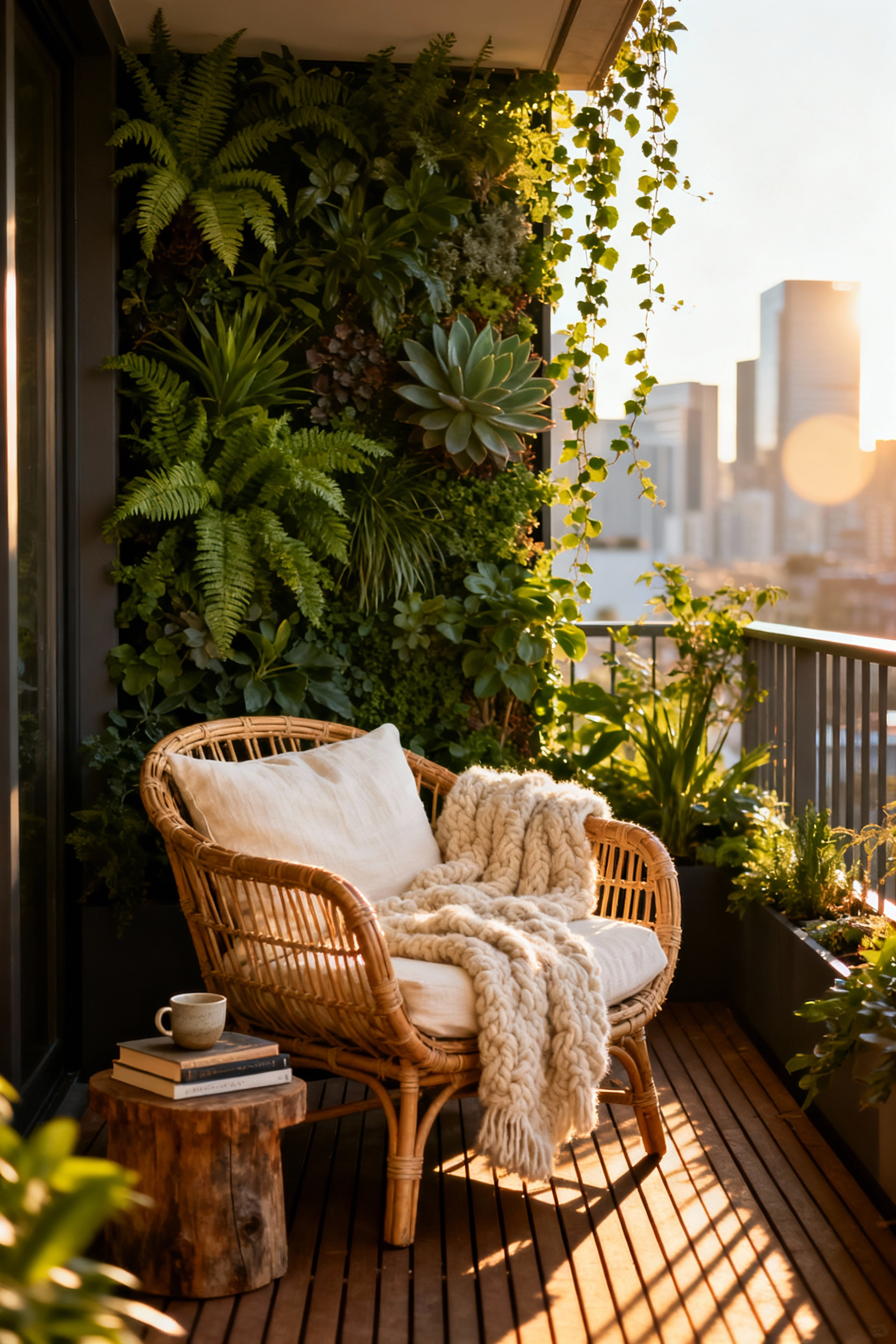 A small urban balcony designed as a biophilic sanctuary, featuring abundant potted plants, a lush vertical garden, warm wooden decking, and a comfortable rattan chair under soft golden hour light.