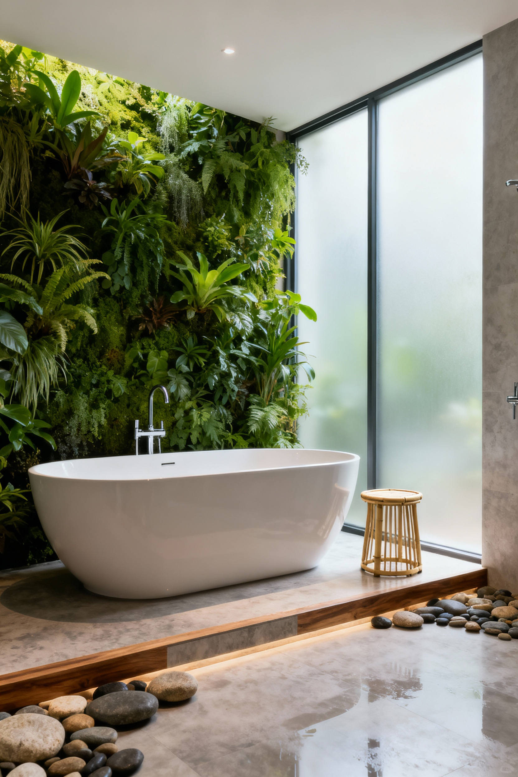 A tranquil modern bathroom showcasing biophilic design with a living plant wall, a freestanding bathtub, natural wood accents, and river stone flooring, all bathed in soft natural light.