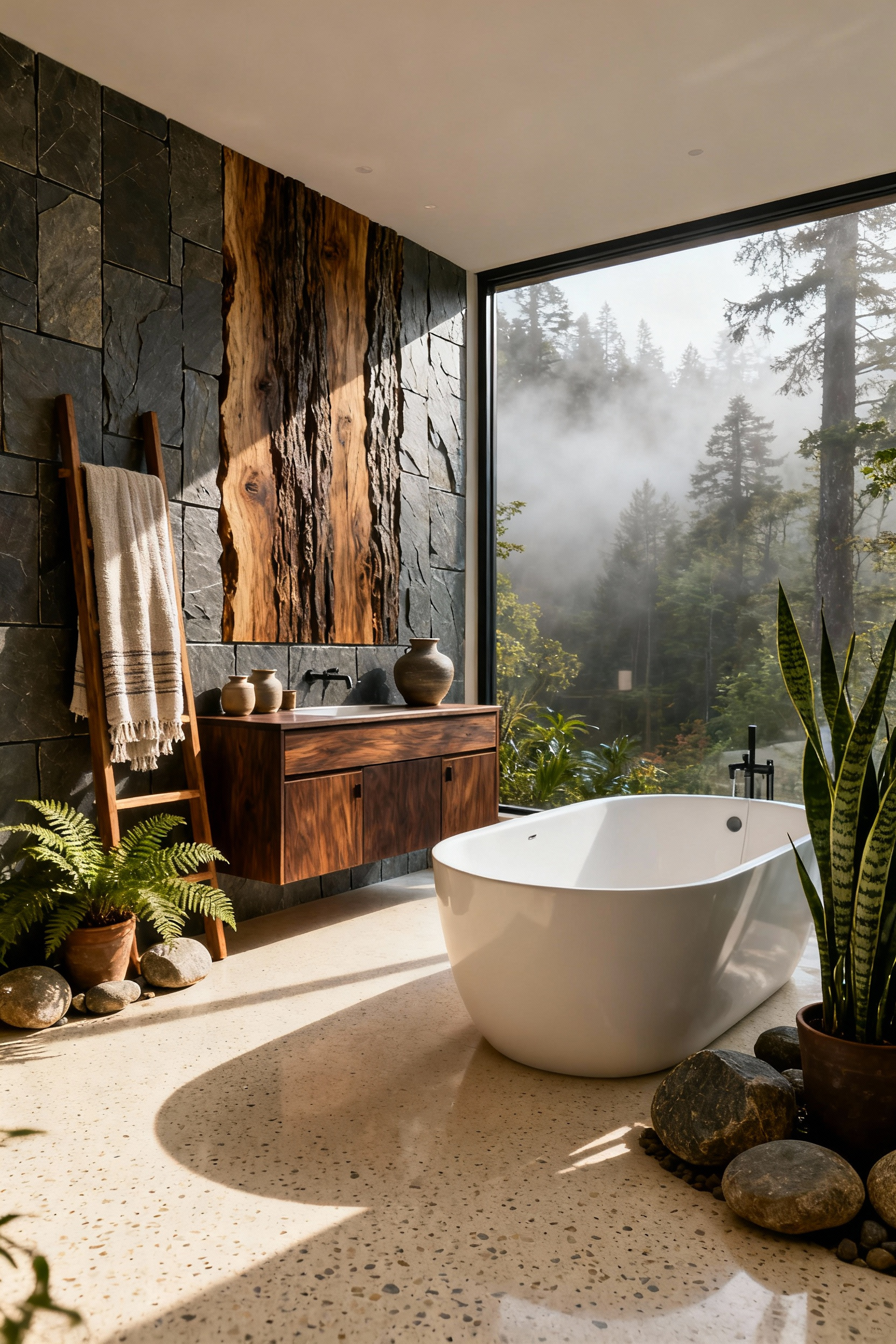 A photograph of a biophilic bathroom featuring a live-edge wooden vanity, slate wall tiles, and abundant natural plants creating a relaxing sanctuary.