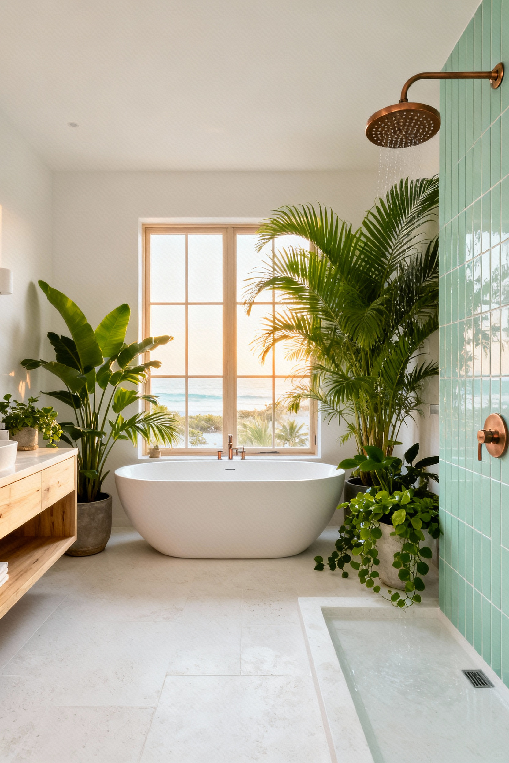Luxurious biophilic coastal bathroom featuring teak wood, a matte white soaking tub, seafoam tiled walk-in shower with a visible rain showerhead, and lush tropical greenery under soft natural light.