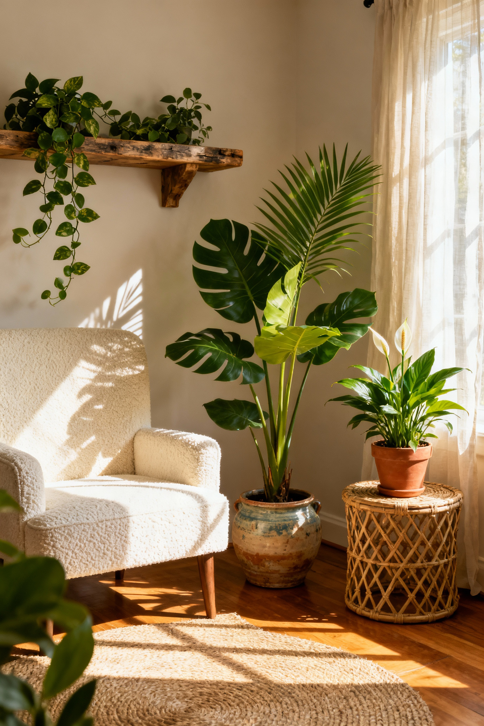 A cozy living room corner featuring strategically placed indoor plants like a fiddle-leaf fig, peace lily, and pothos in various natural material pots, bathed in soft natural light creating a vibrant and warm biophilic interior.