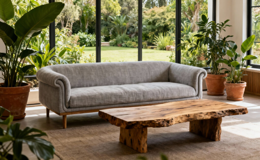 A peaceful biophilic living room with a linen sofa, wooden coffee table, and lush indoor plants, bathed in natural light from large windows showing a garden view.