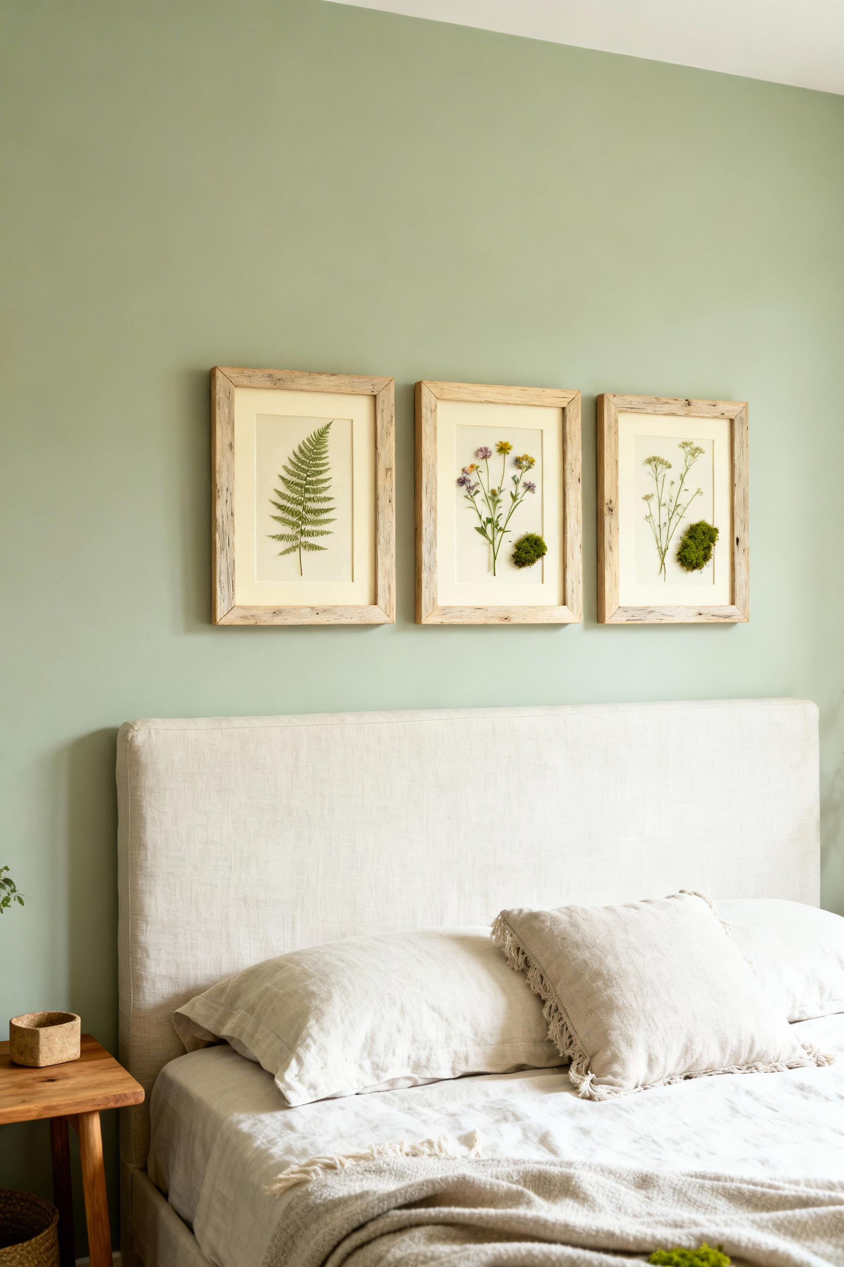 Trio of framed pressed botanicals in natural wood frames hanging above a linen headboard in a serene bedroom setting, demonstrating non-toxic biophilic wall decor.