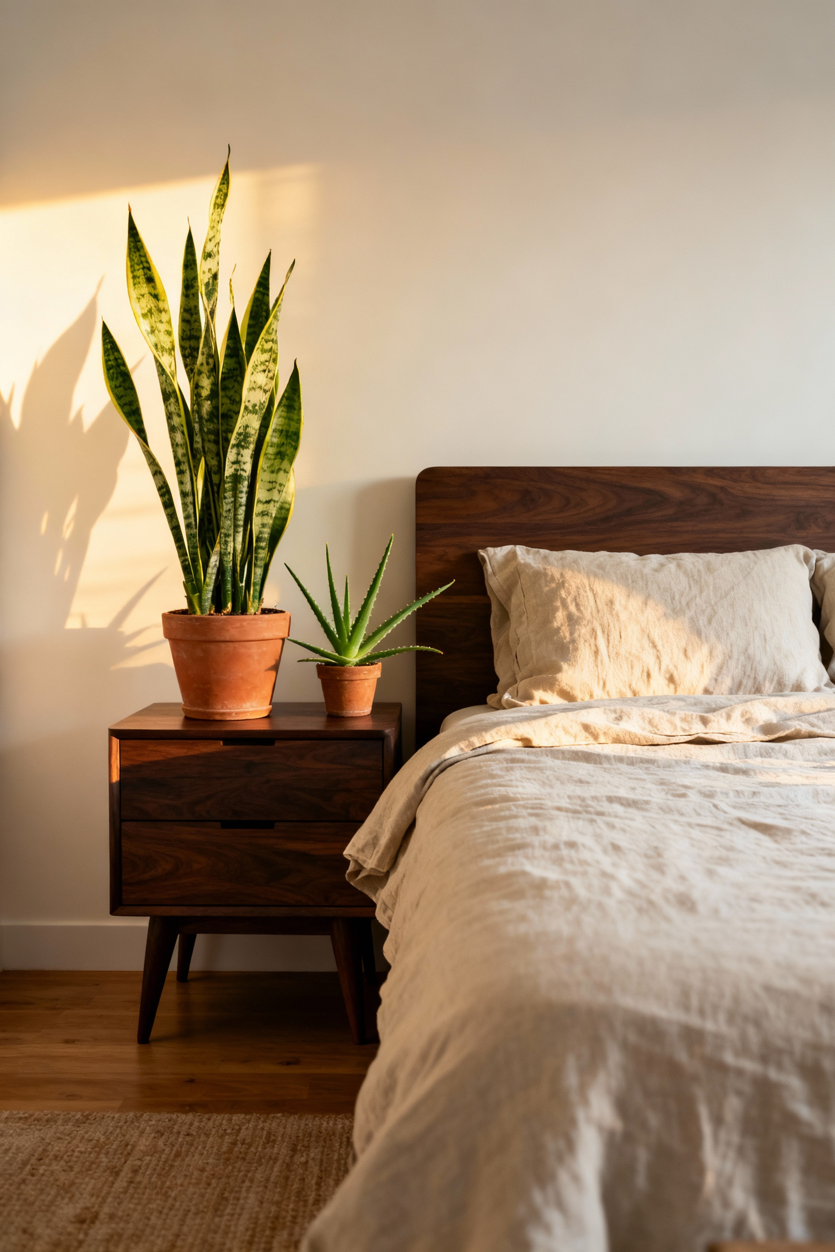 A minimalist bedroom setup featuring a wooden nightstand with a large Snake Plant and a small Aloe Vera placed immediately next to a white linen pillow, illustrating strategic bedroom furniture layout for biophilic health.