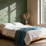 A wide-angle photograph of a tranquil bedroom with walls painted in grounding sage green and warm sandy taupe, demonstrating biophilic wall decor.