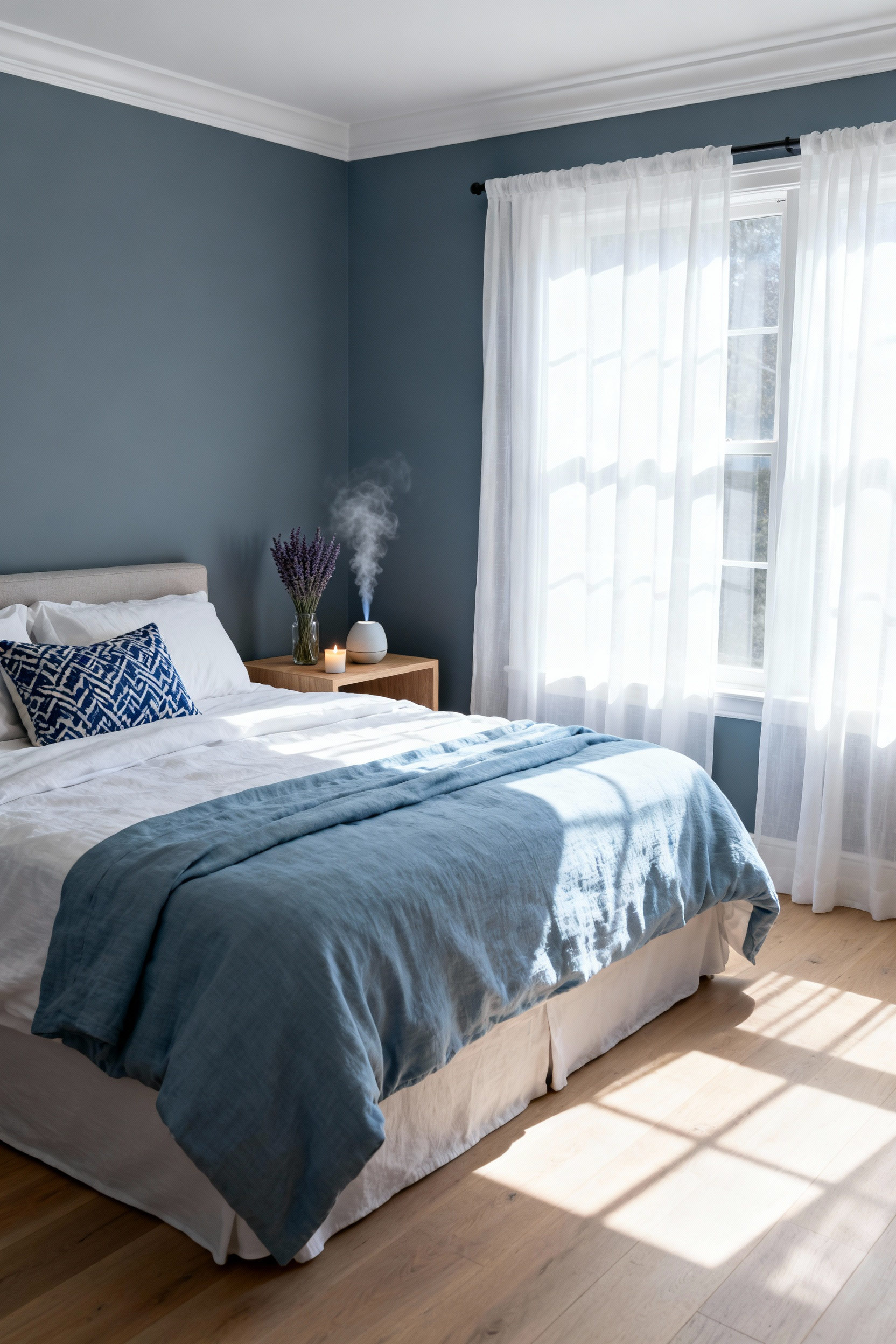 A serene bedroom featuring slate blue walls, natural wood floors, and a layered blue and white bed. An essential oil diffuser and calming scented candle sit on the wooden nightstand, showcasing a wellness-focused aromatherapy zone.