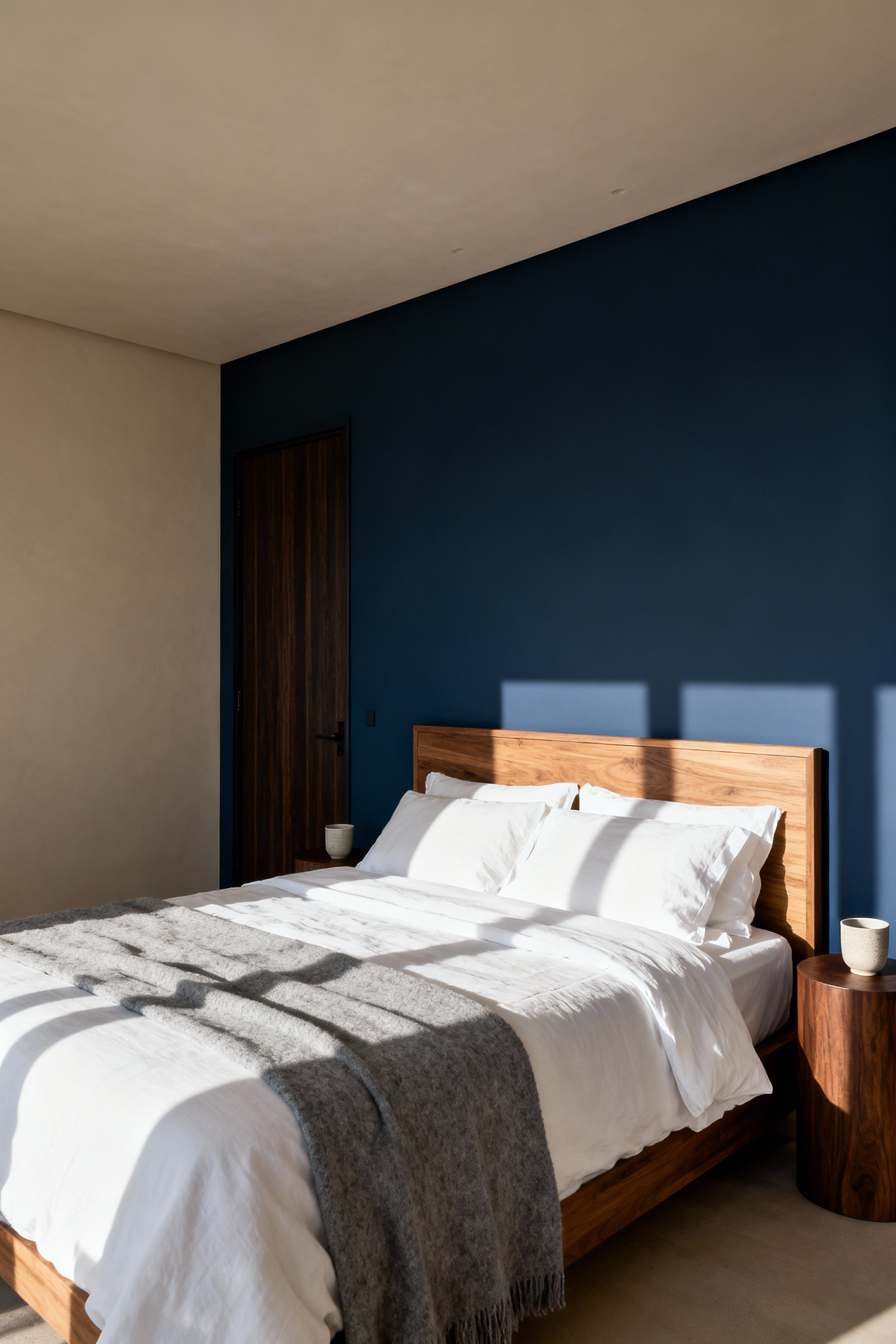Modern bedroom featuring a king bed positioned in the "Commanding Position" anchored against a deep indigo blue accent wall, ensuring a clear view of the doorway for restorative sleep.