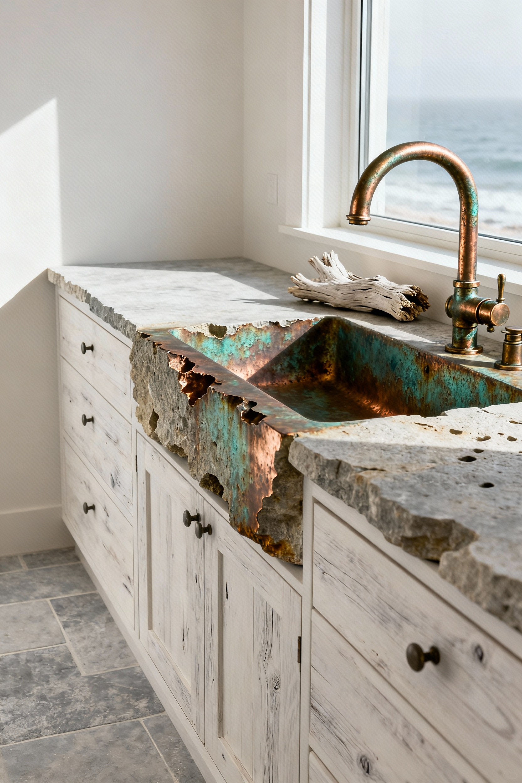Unlacquered brass faucet and handles displaying heavy green and copper patina against a light stone vanity in a luxurious coastal bathroom renovation.