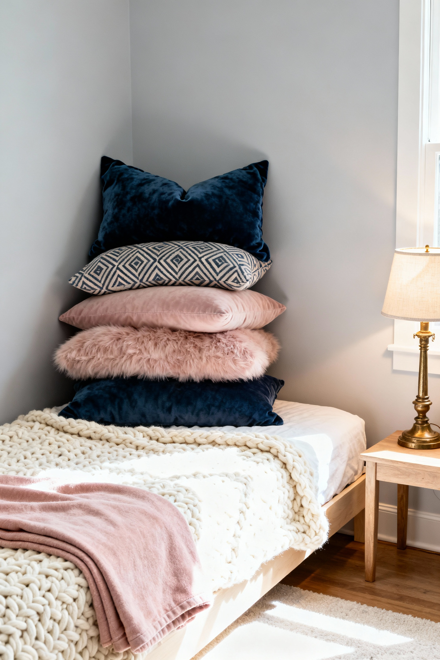 A twin bed transformed into a budget-friendly, chic daybed nook in a girl's bedroom using a swapped ivory textured coverlet, layered throw pillows, and a repurposed brass table lamp.