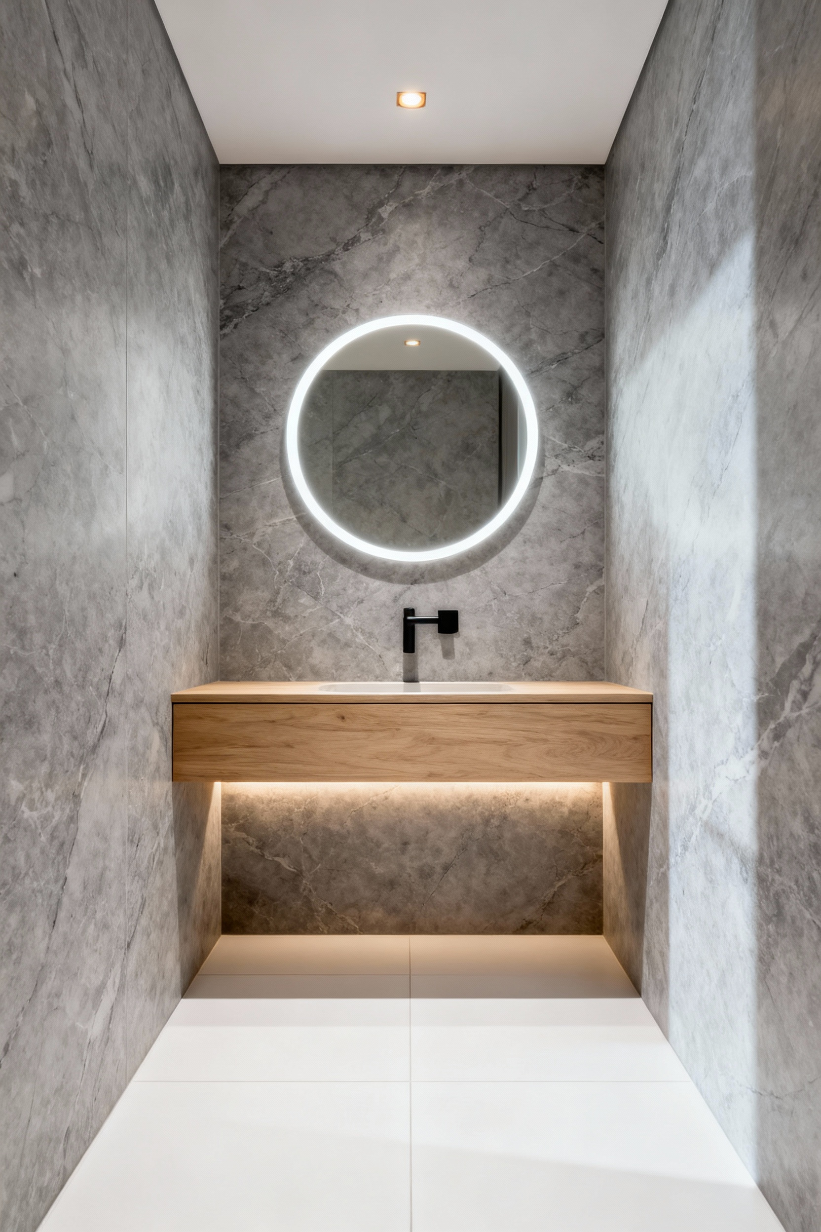 A modern small bathroom featuring a floating cantilevered light oak vanity that maximizes perceived space by exposing the continuous floor tiles underneath.