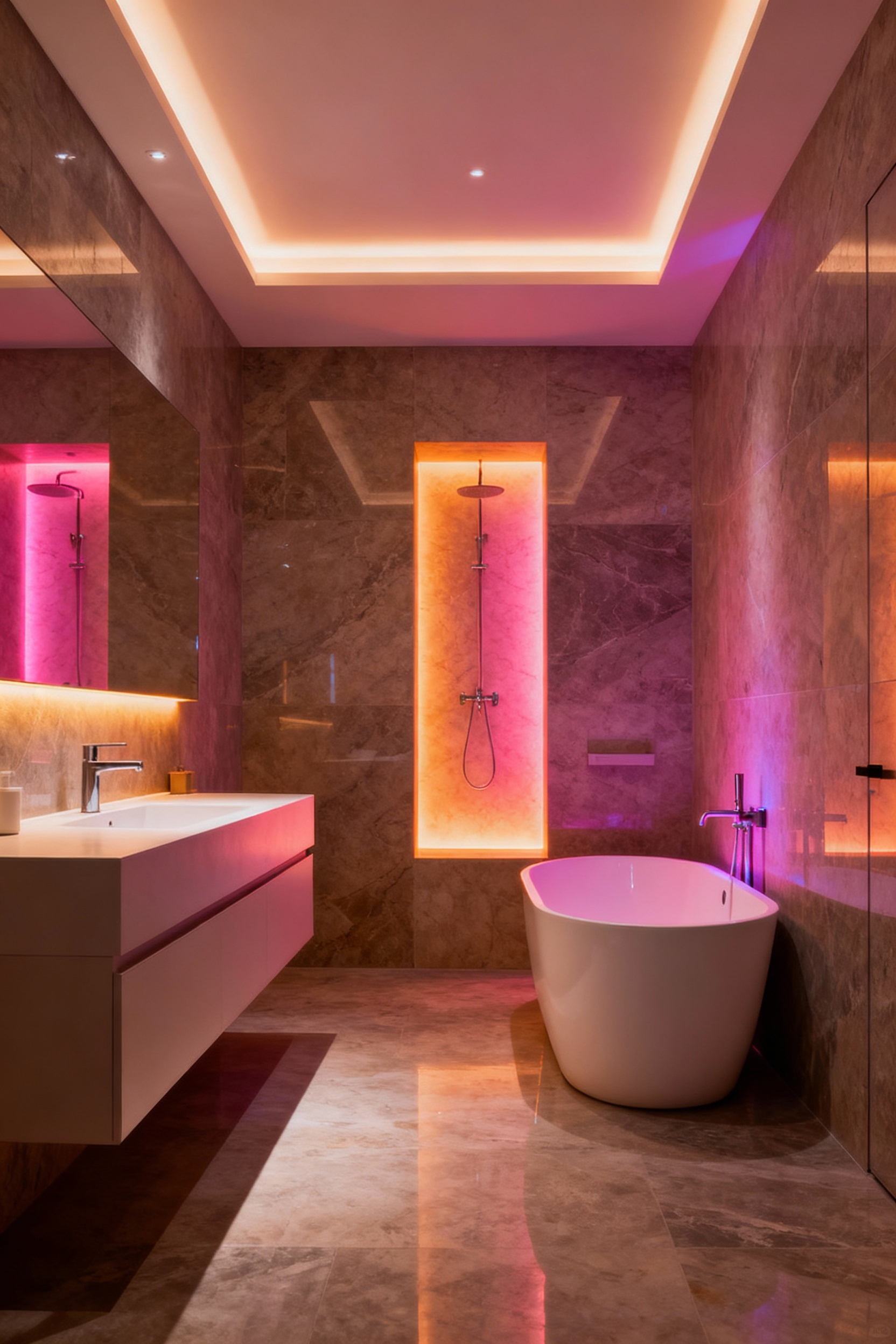 Modern bathroom with integrated chromotherapy lighting, featuring a calming warm amber glow from cove lighting, behind a floating vanity, and within a shower niche. The image portrays a serene, spa-like environment for mood and energy balancing.