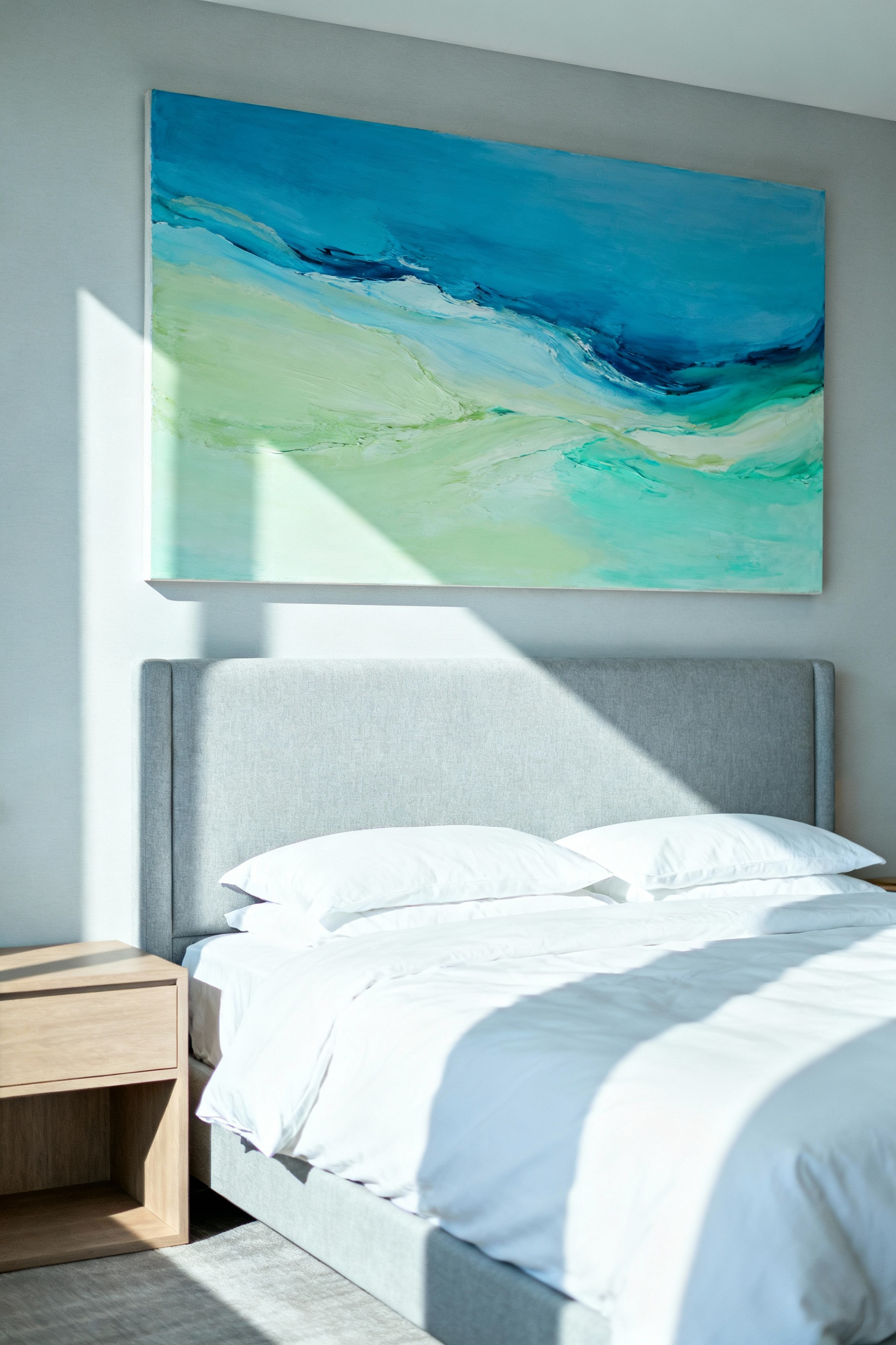 Serene bedroom wall decor featuring a large abstract painting dominated by soft blues and greens, a chromotherapy accent designed to influence Heart Rate Variability and promote parasympathetic rest.