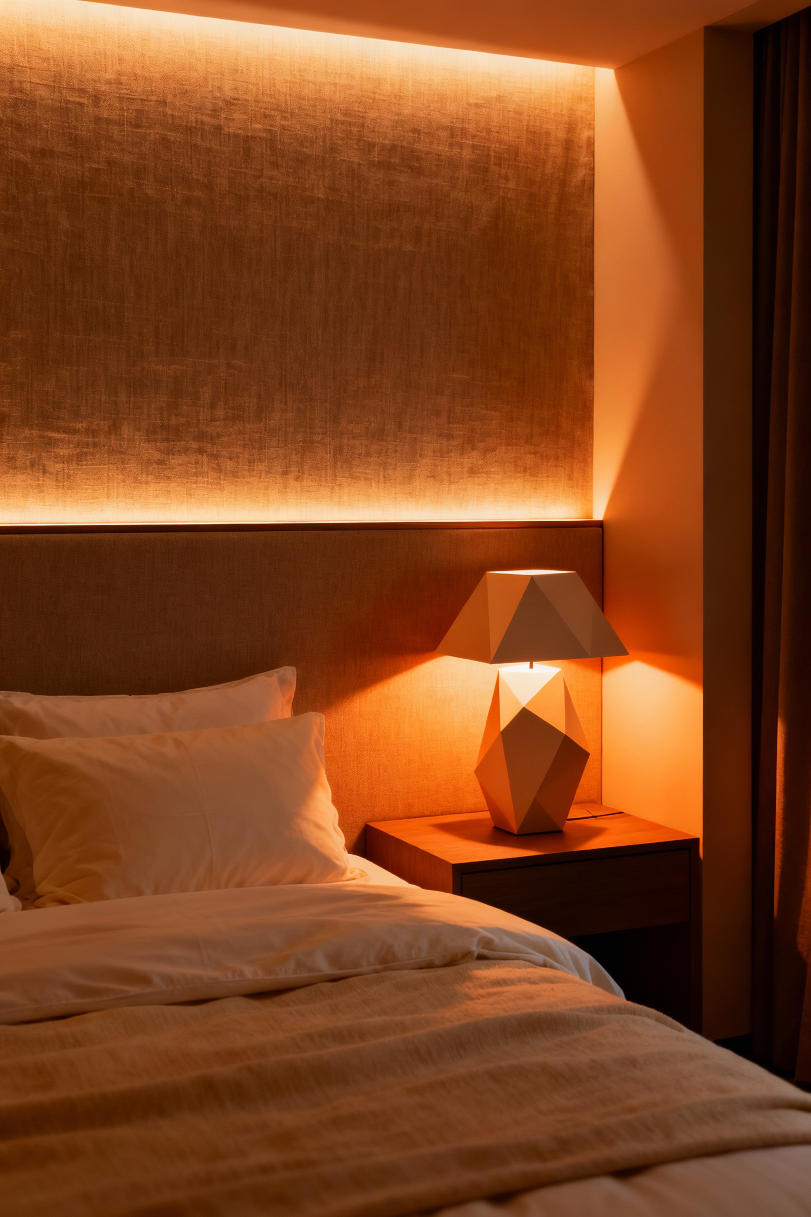 A luxury bedroom interior illuminated by a deep amber, 2700K warm-dim lighting scheme designed to mimic a natural sunset and promote melatonin production.