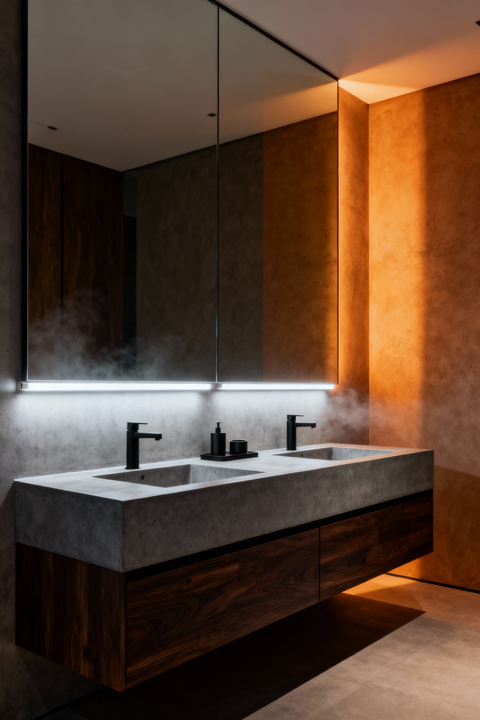 Modern bathroom with a dual vanity illuminated by smart lighting showing a dramatic color temperature shift from crisp 6500K blue-white light to warm 2200K amber light for circadian rhythm regulation.