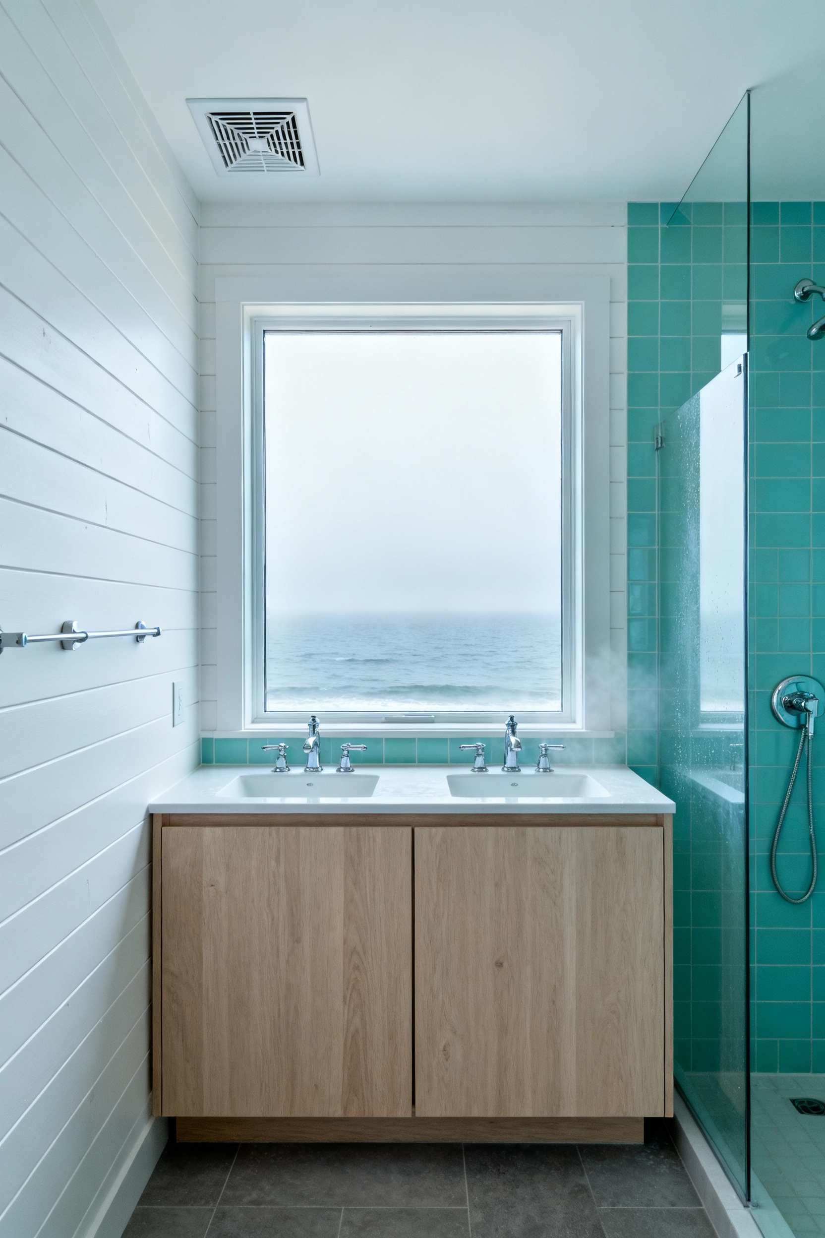 High-end coastal bathroom with shiplap walls and natural wood vanity, featuring a discreet high-power exhaust fan for critical humidity control and mold prevention in a humid ocean environment.