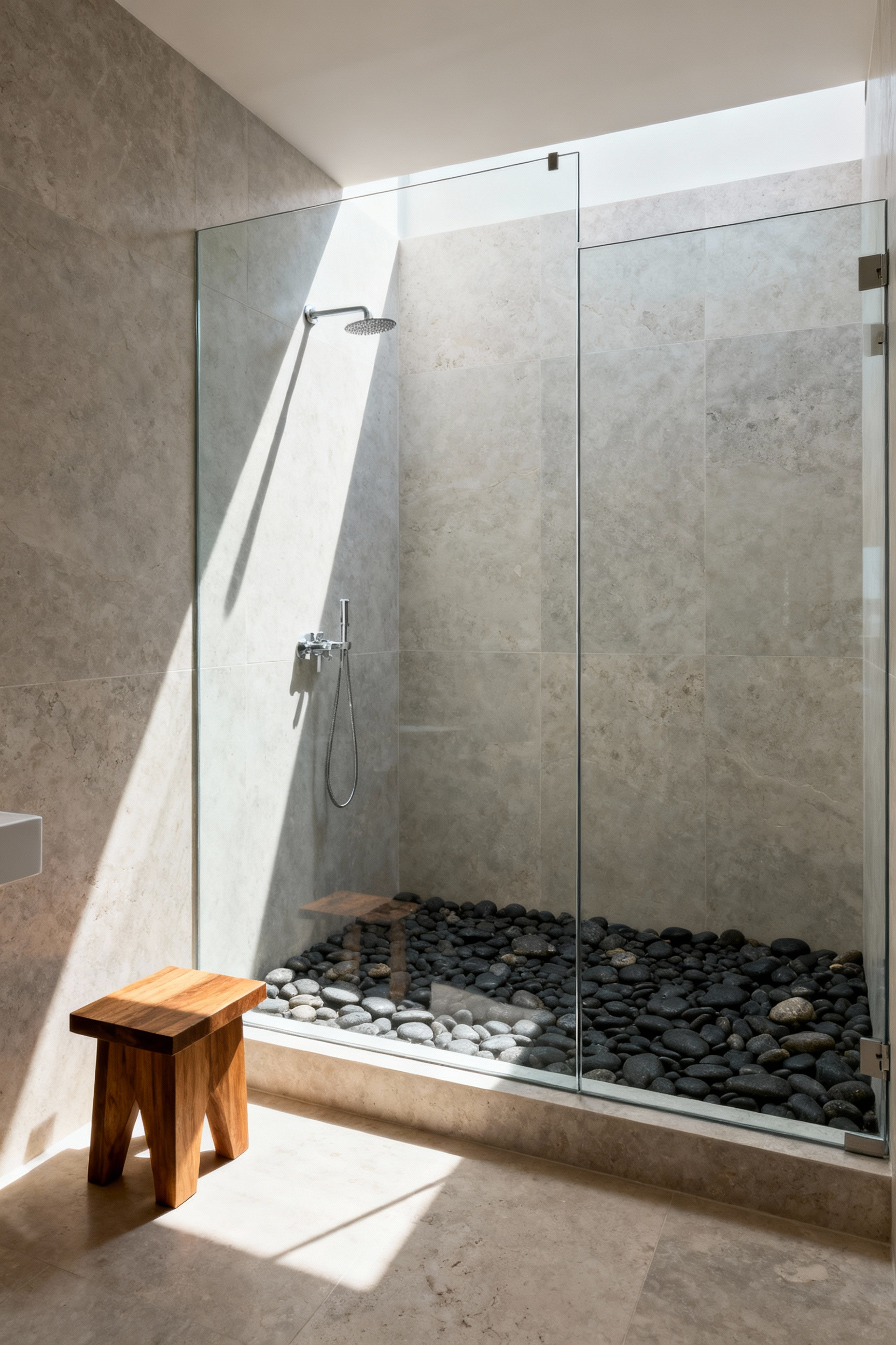 A spa-like coastal bathroom featuring a walk-in shower with natural river pebble flooring surrounded by large honed limestone tiles, designed for a tactile biophilic experience.