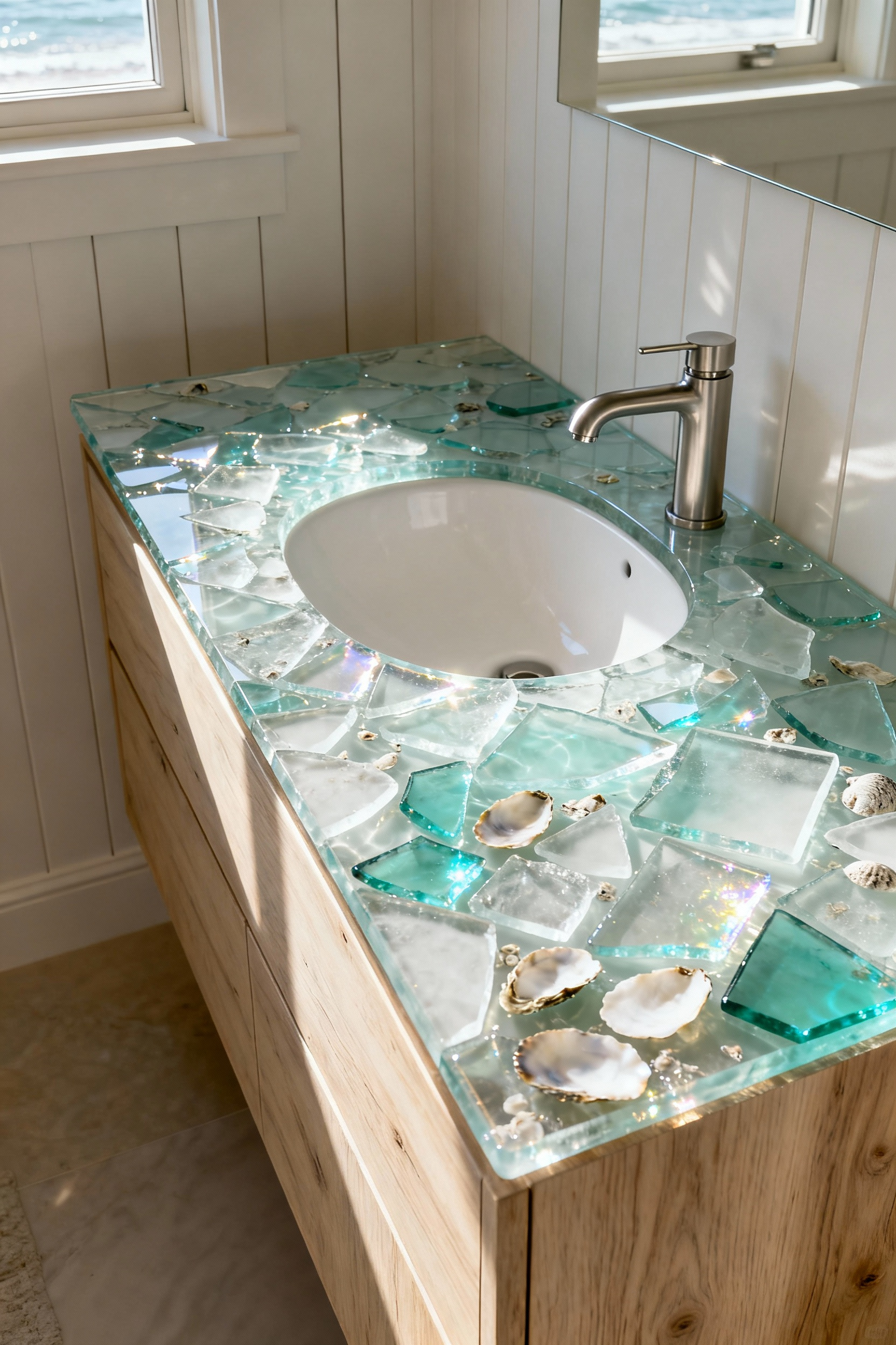 Bright coastal bathroom vanity featuring a recycled glass countertop embedded with irregular glass pieces and crushed oyster shells, set against a light oak floating cabinet.