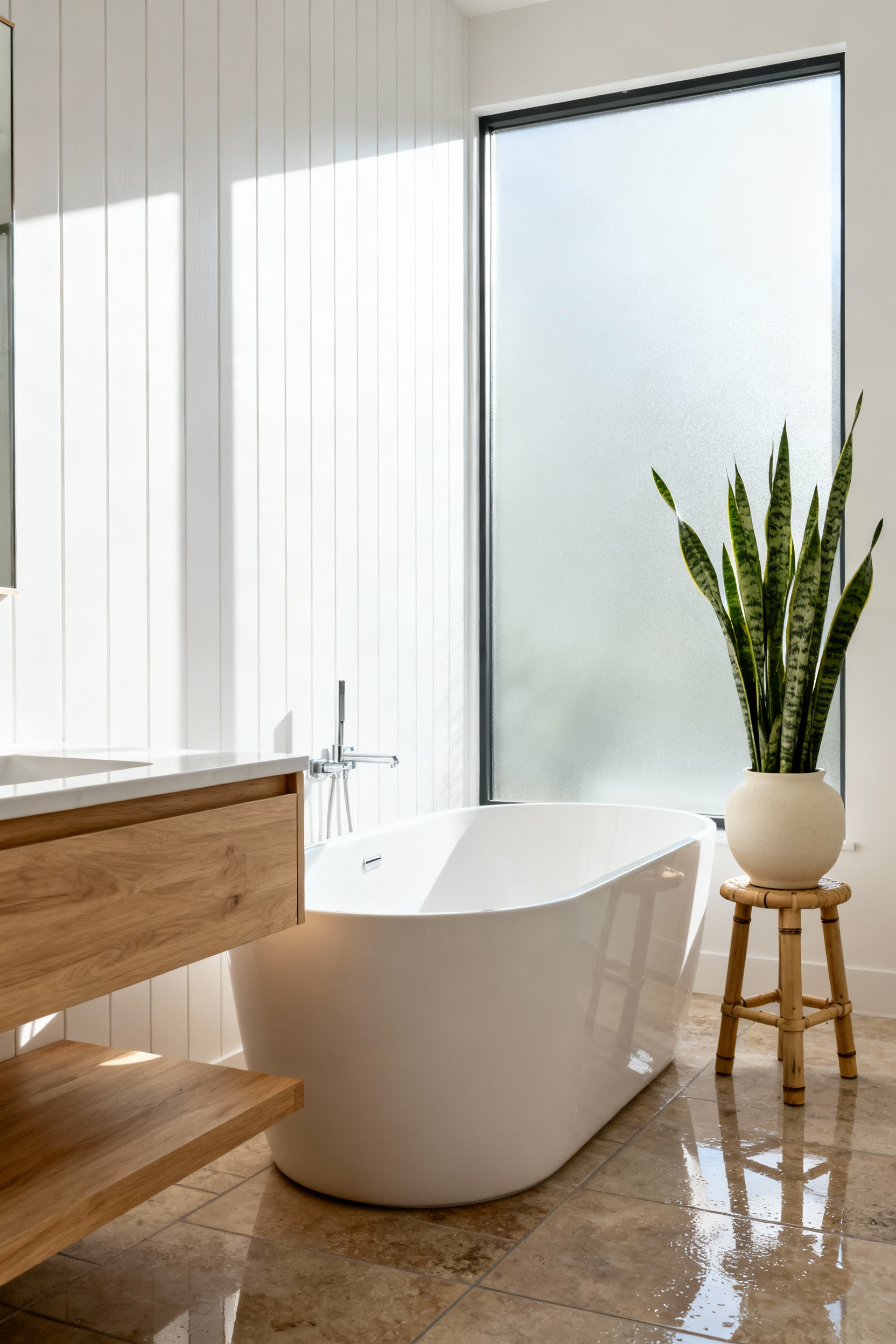 A bright coastal bathroom renovation featuring a tall Snake Plant placed strategically near a white soaking tub to utilize its Crassulacean Acid Metabolism benefits for nighttime oxygen release and improved indoor air quality.