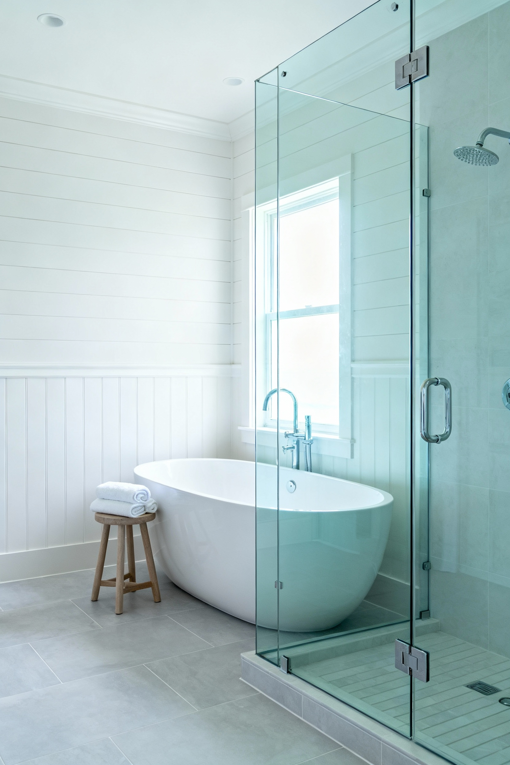 Professional photograph of a pristine, high-end coastal bathroom featuring a freestanding tub and walk-in shower, emphasizing cleanliness and the benefits of water filtration systems for skin health.