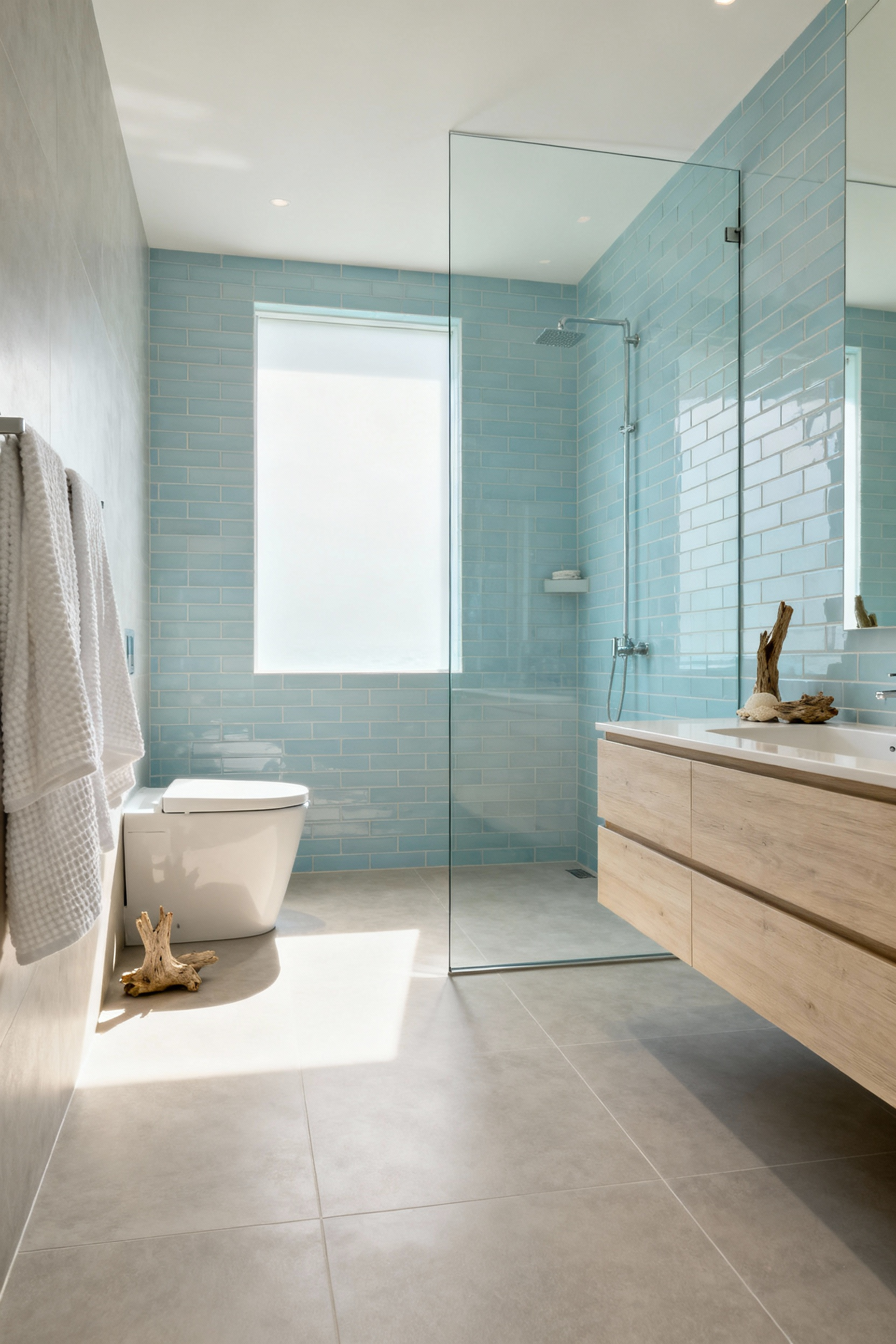 Coastal wet room bathroom showcasing a seamless, curb-less floor transition from the vanity area to the shower, designed for universal accessibility and safety.