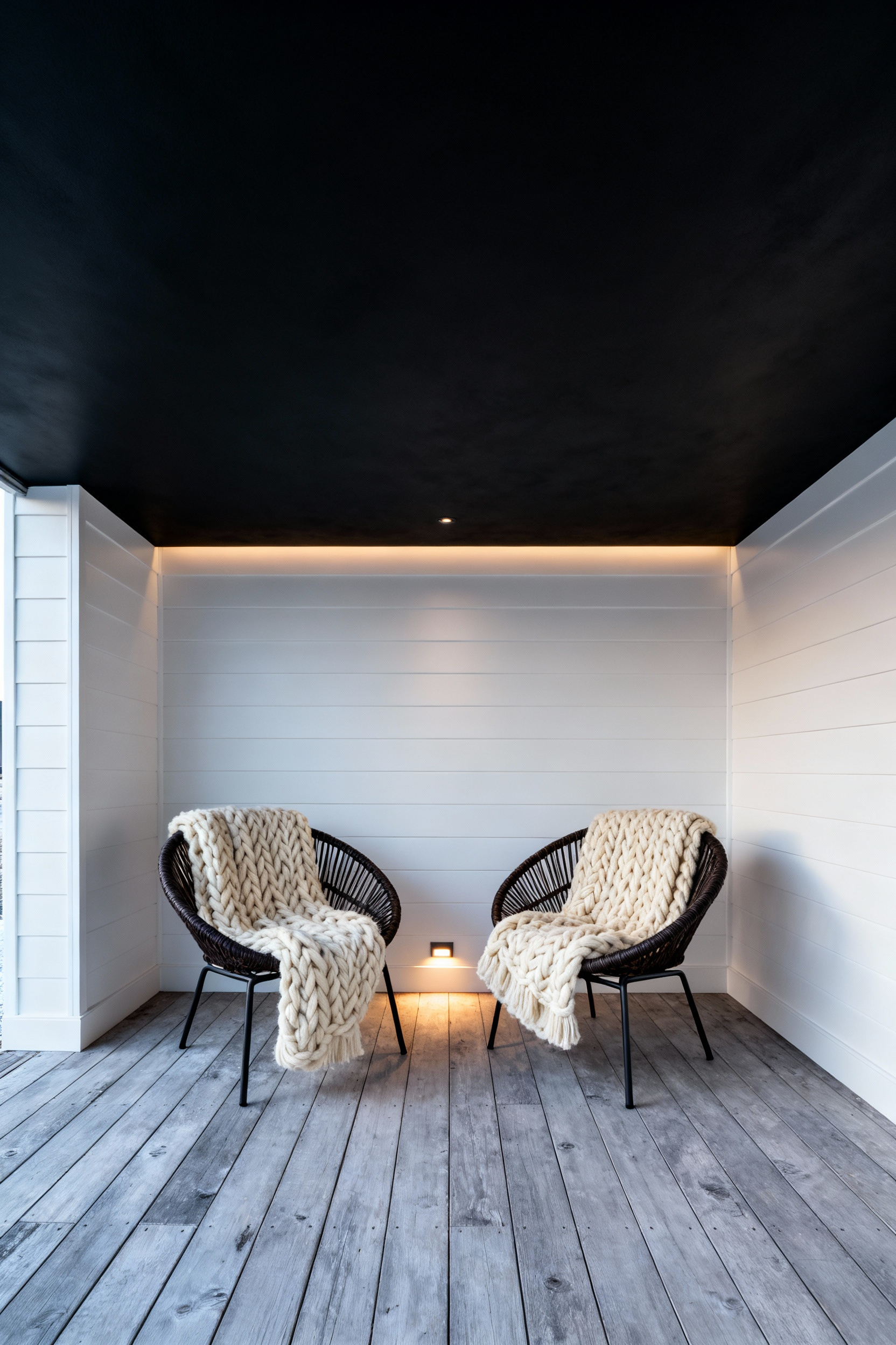 A sophisticated covered porch features a deep matte black ceiling contrasted against light gray walls and wood flooring, designed to create an intimate, cozy, and light-absorbing atmosphere.