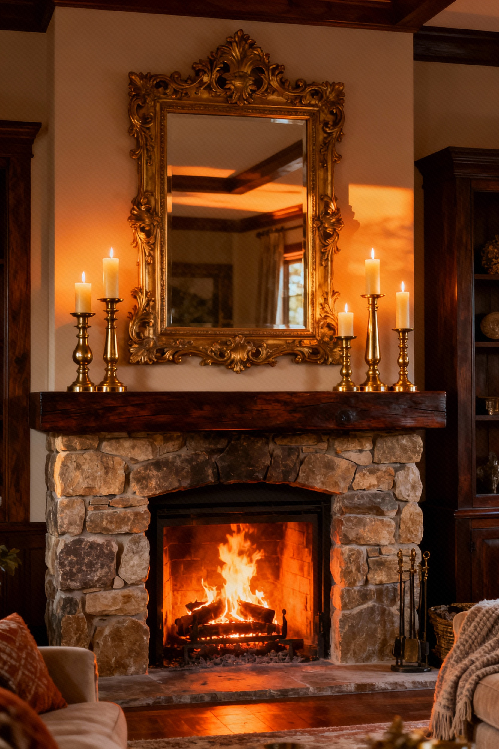 A cozy living room featuring a roaring fireplace and a dark wood mantel styled with gold candlesticks and a large, ornate mirror reflecting warm interior light.