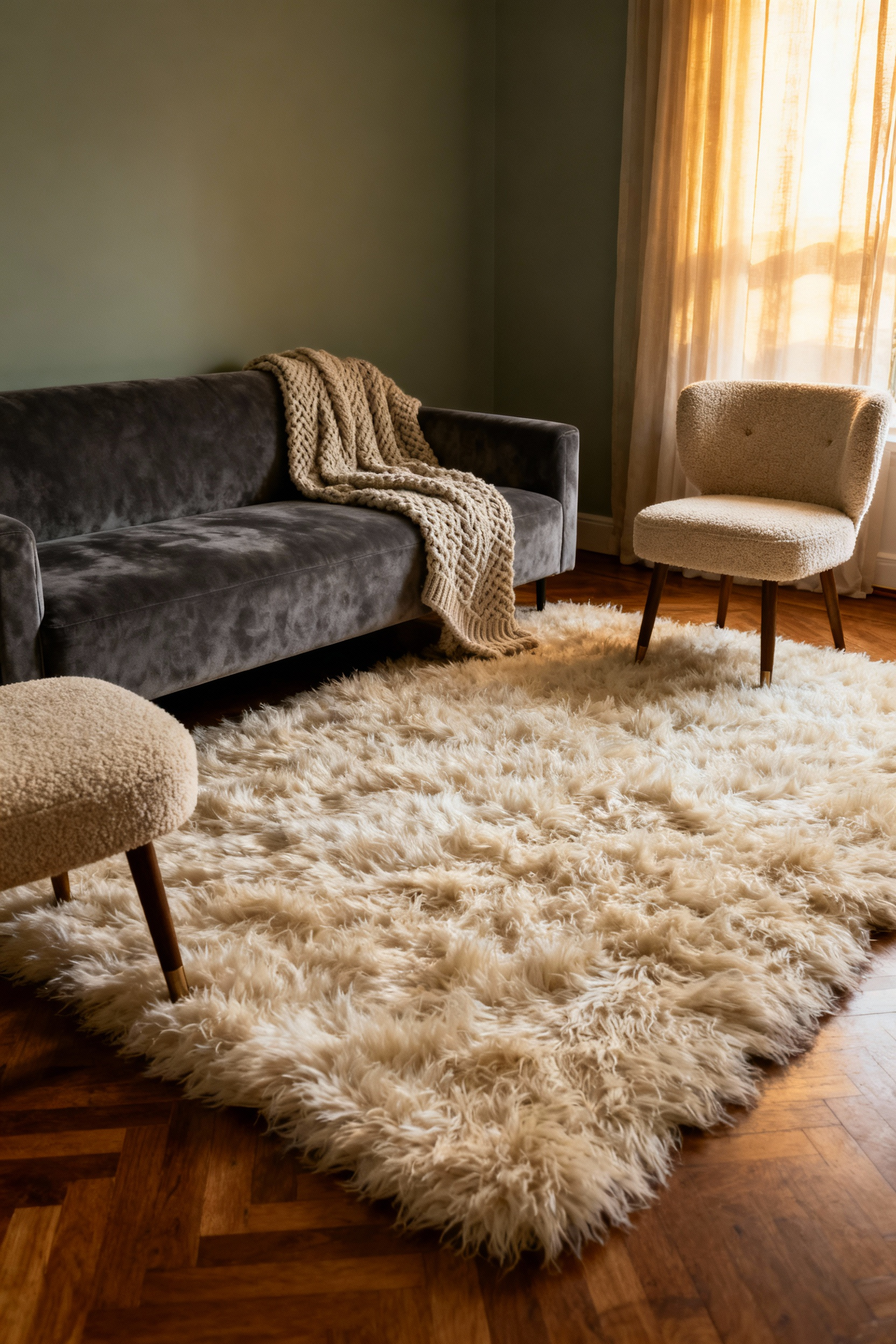 A cozy living room featuring a large high-pile ivory rug anchoring a slate gray sofa and two accent chairs, with all front legs resting on the plush carpet.