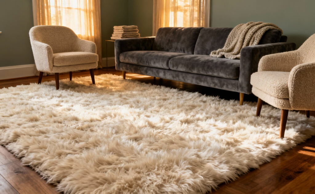 A cozy living room featuring a large high-pile ivory rug anchoring a slate gray sofa and two accent chairs, with all front legs resting on the plush carpet.