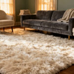 A cozy living room featuring a large high-pile ivory rug anchoring a slate gray sofa and two accent chairs, with all front legs resting on the plush carpet.