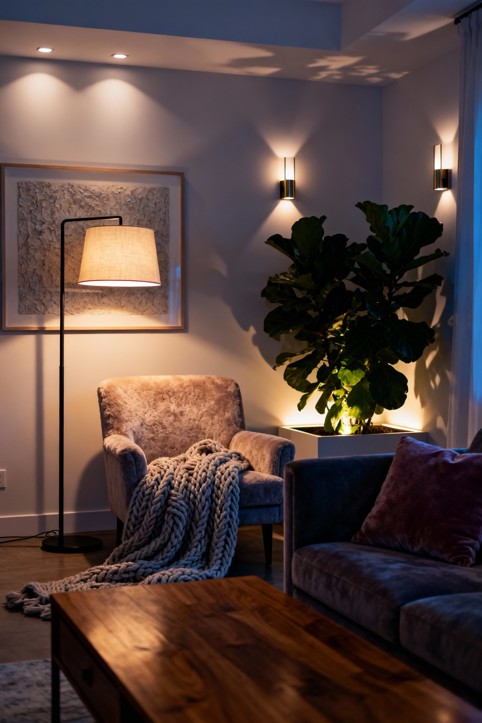 A beautifully lit cozy living room featuring ambient, task, and accent lighting, creating a warm, layered, ethereal glow and inviting atmosphere.