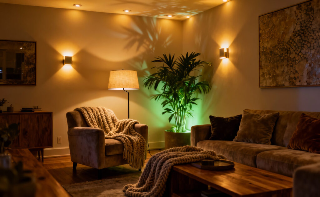 A beautifully lit cozy living room featuring ambient, task, and accent lighting, creating a warm, layered, ethereal glow and inviting atmosphere.